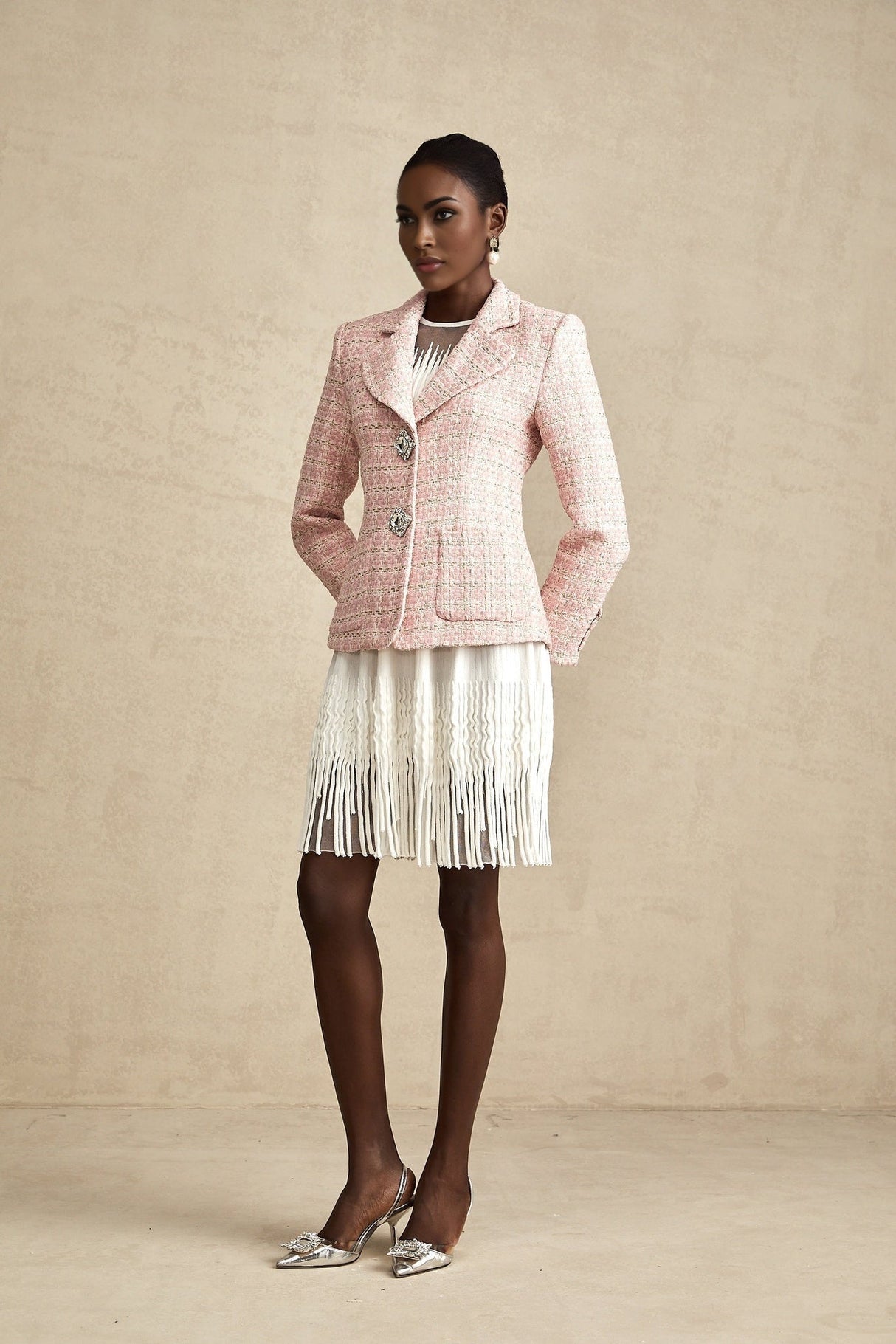 Khloe Blazer Pink Crystal Checked Tweed & Crystal Embellished