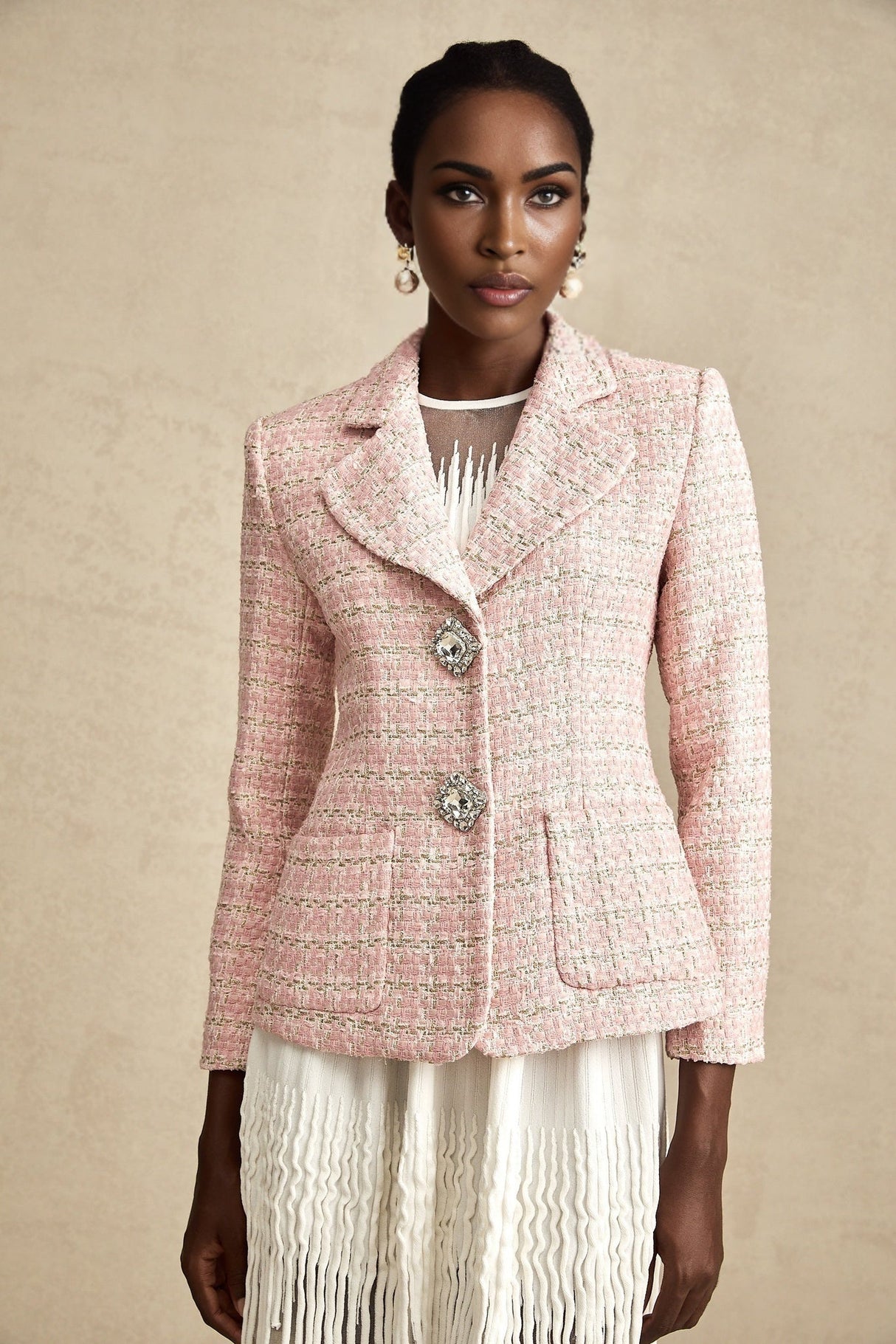 Khloe Blazer Pink Crystal Checked Tweed & Crystal Embellished