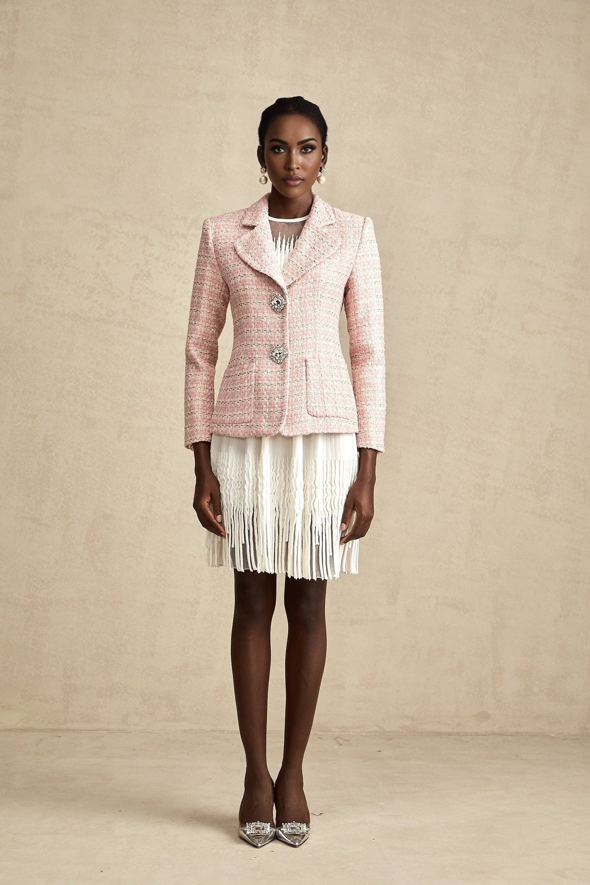 Khloe Blazer Pink Crystal Checked Tweed & Crystal Embellished