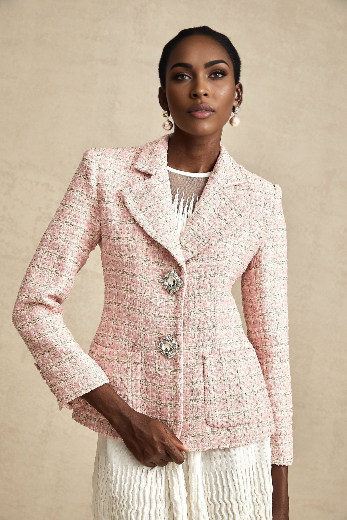 Khloe Blazer Pink Crystal Checked Tweed & Crystal Embellished