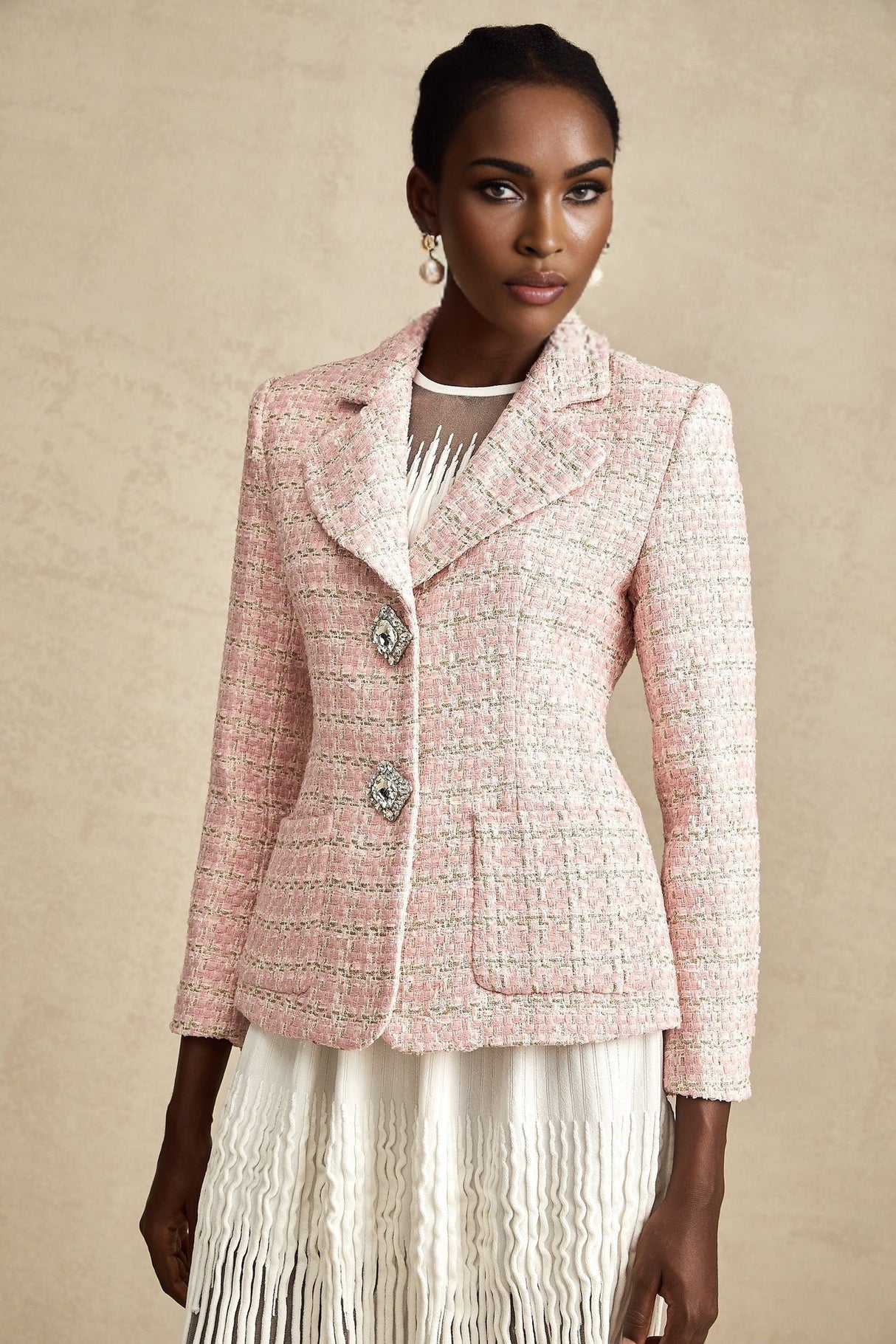 Khloe Blazer Pink Crystal Checked Tweed & Crystal Embellished