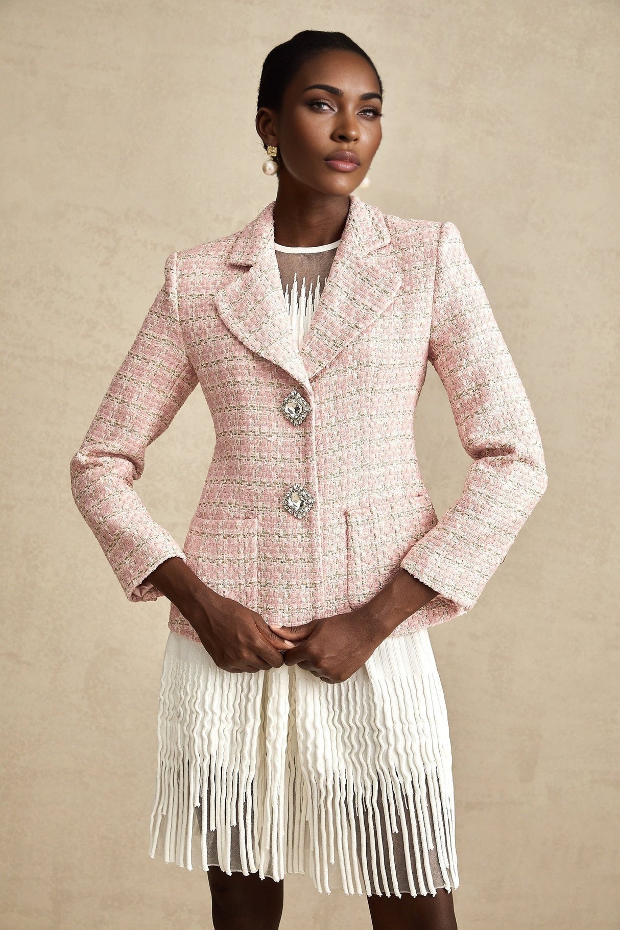 Khloe Blazer Pink Crystal Checked Tweed & Crystal Embellished