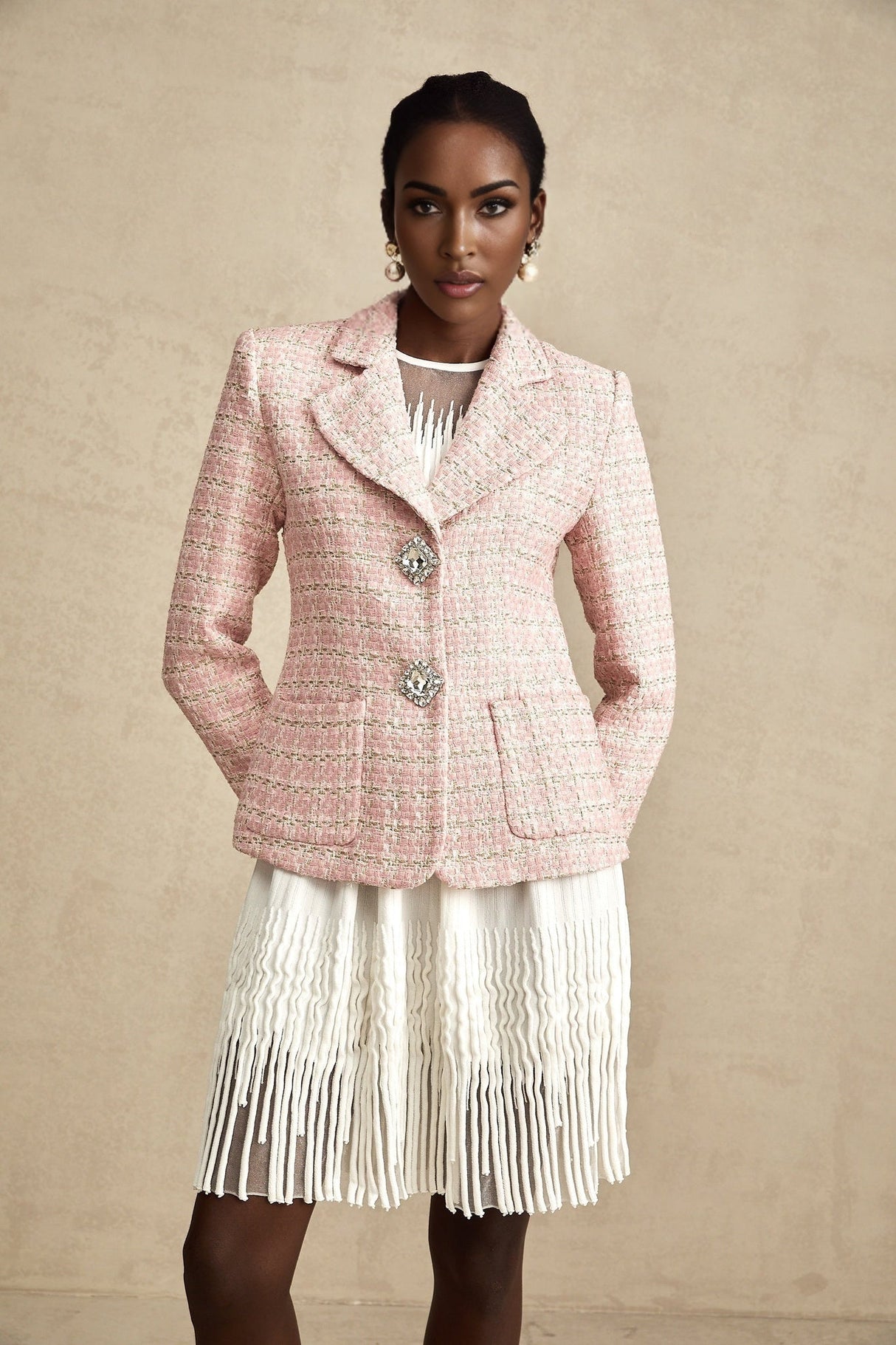 Khloe Blazer Pink Crystal Checked Tweed & Crystal Embellished