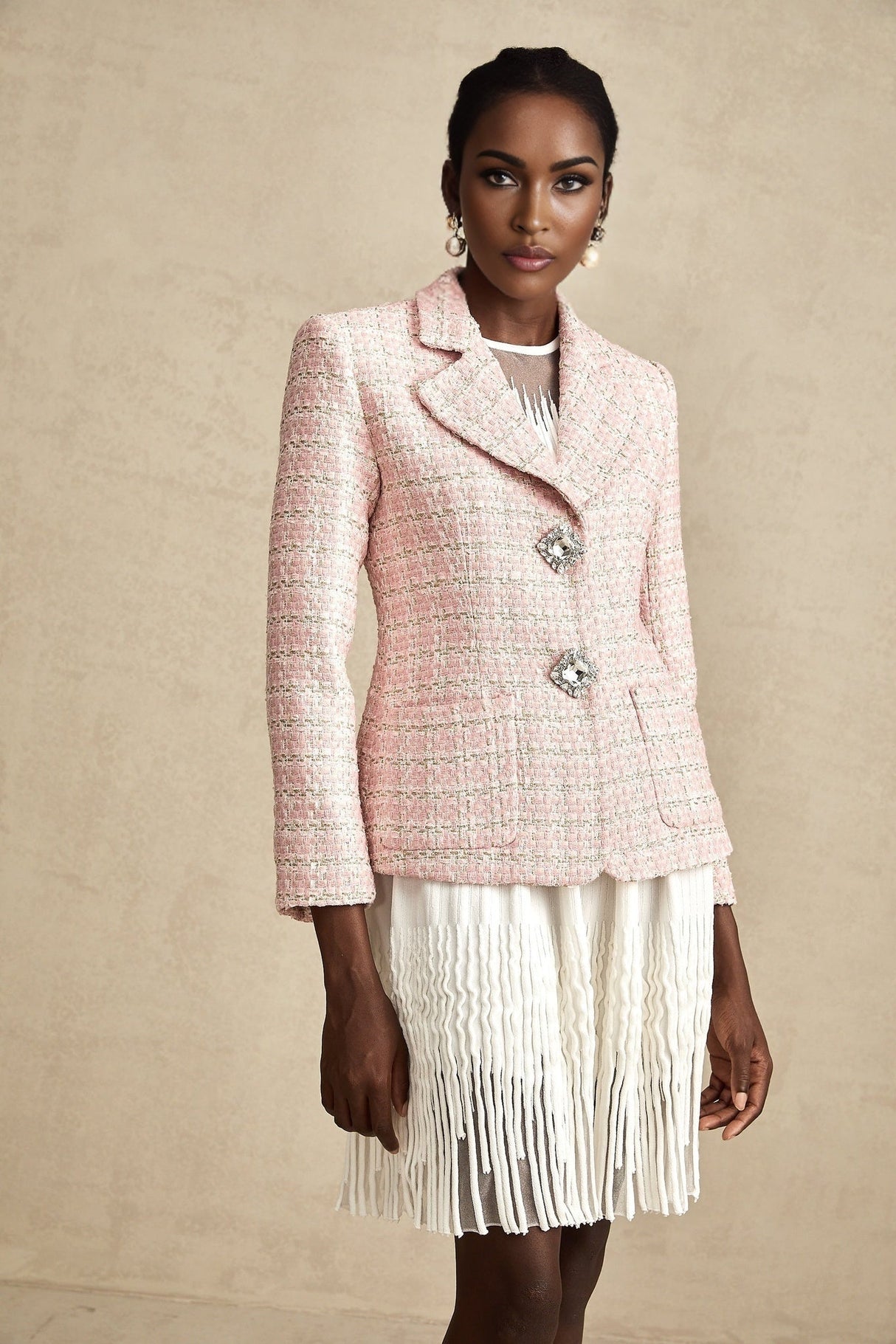 Khloe Blazer Pink Crystal Checked Tweed & Crystal Embellished