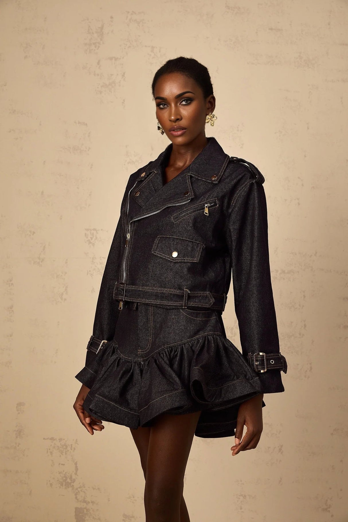 Khloe Denim Jacket Indigo Blue Contrast Stitching Embossed Gold - tone Buttons