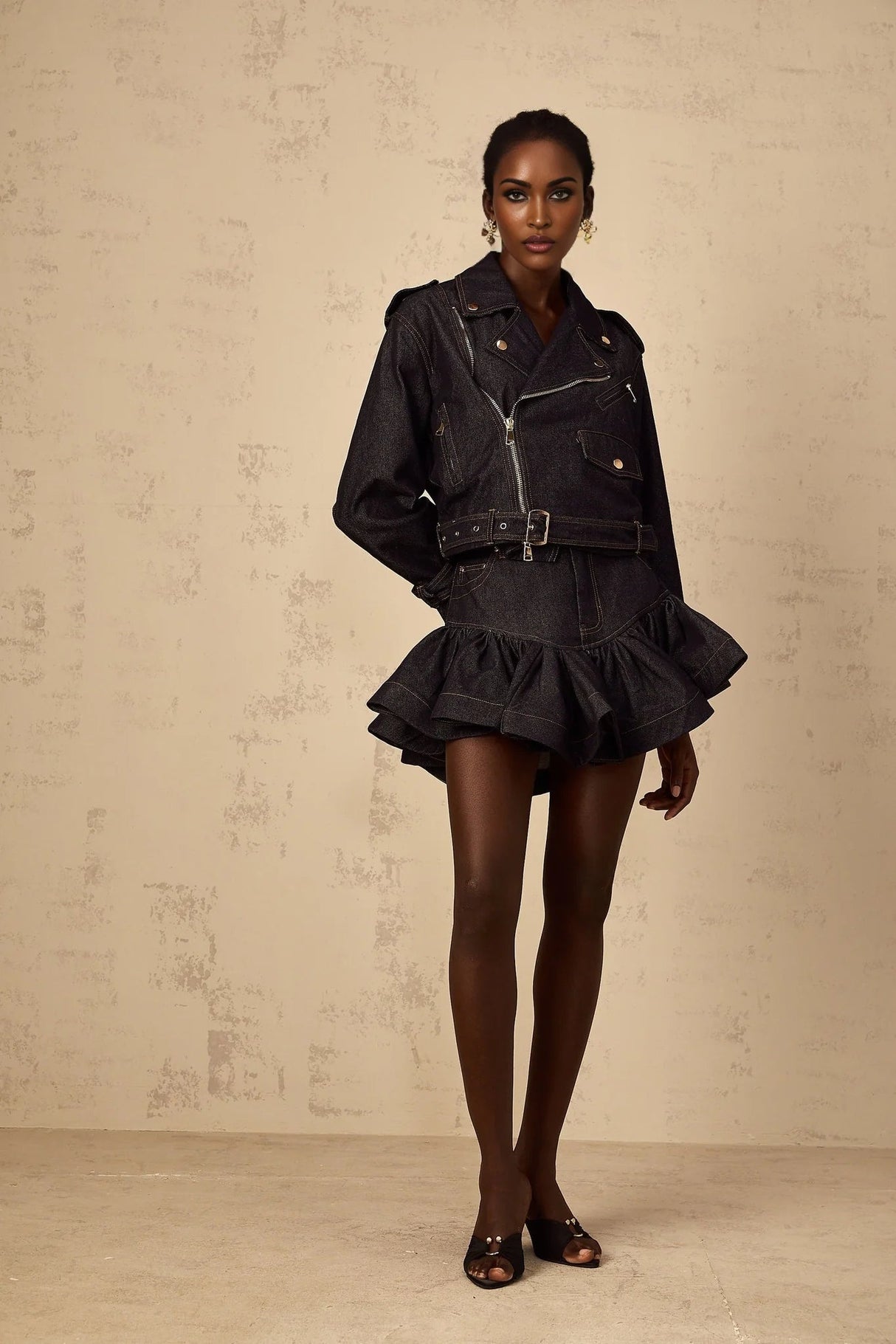 Khloe Denim Jacket Indigo Blue Contrast Stitching Embossed Gold - tone Buttons