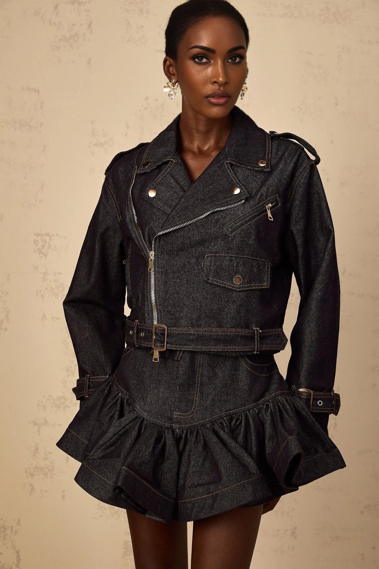 Khloe Denim Jacket Indigo Blue Contrast Stitching Embossed Gold - tone Buttons