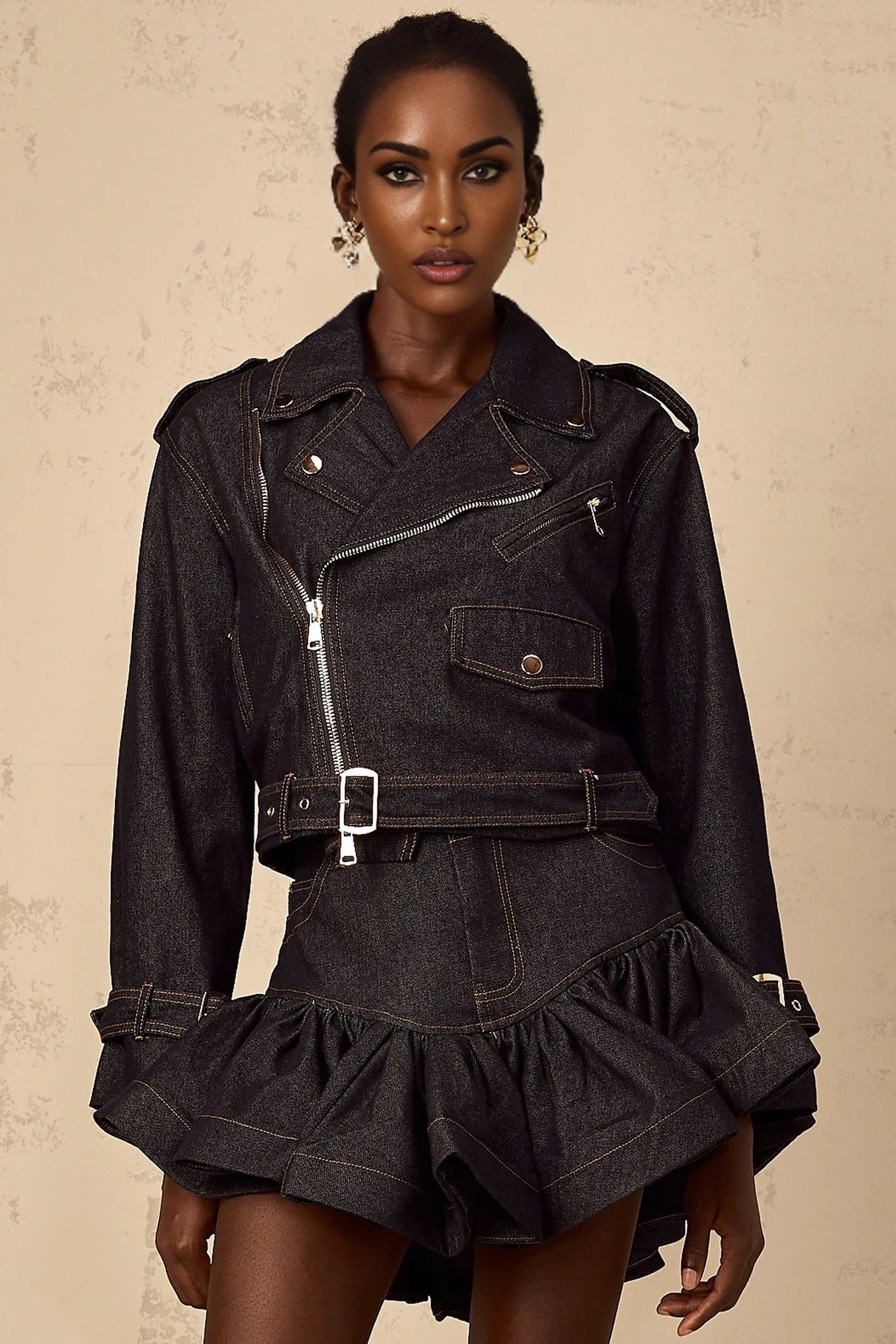 Khloe Denim Jacket Indigo Blue Contrast Stitching Embossed Gold - tone Buttons