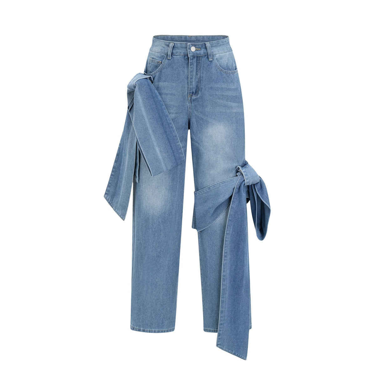 Khloe Jeans - Wide Leg Silhouette - Oversized Bow Detail - Puddle Hem Design - Classic Five Pockets