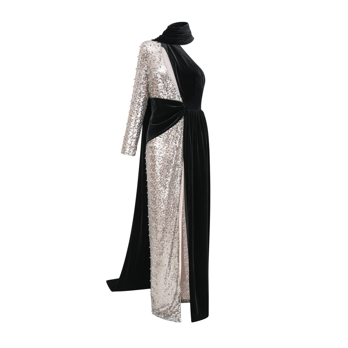 Kiara Maxi Dress - Asymmetric One - Sleeve Design with Attached Scarf & Sequin Embellishments