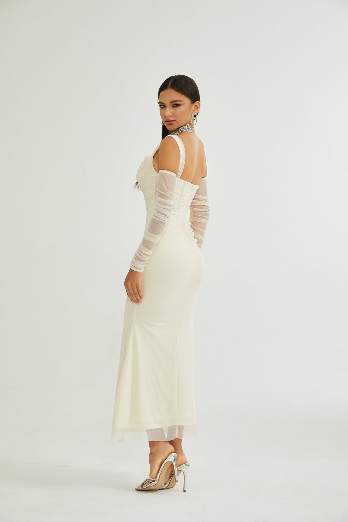 Kiara Midi Dress White Bustier Mesh Layered & Waist Tie Zip Length
