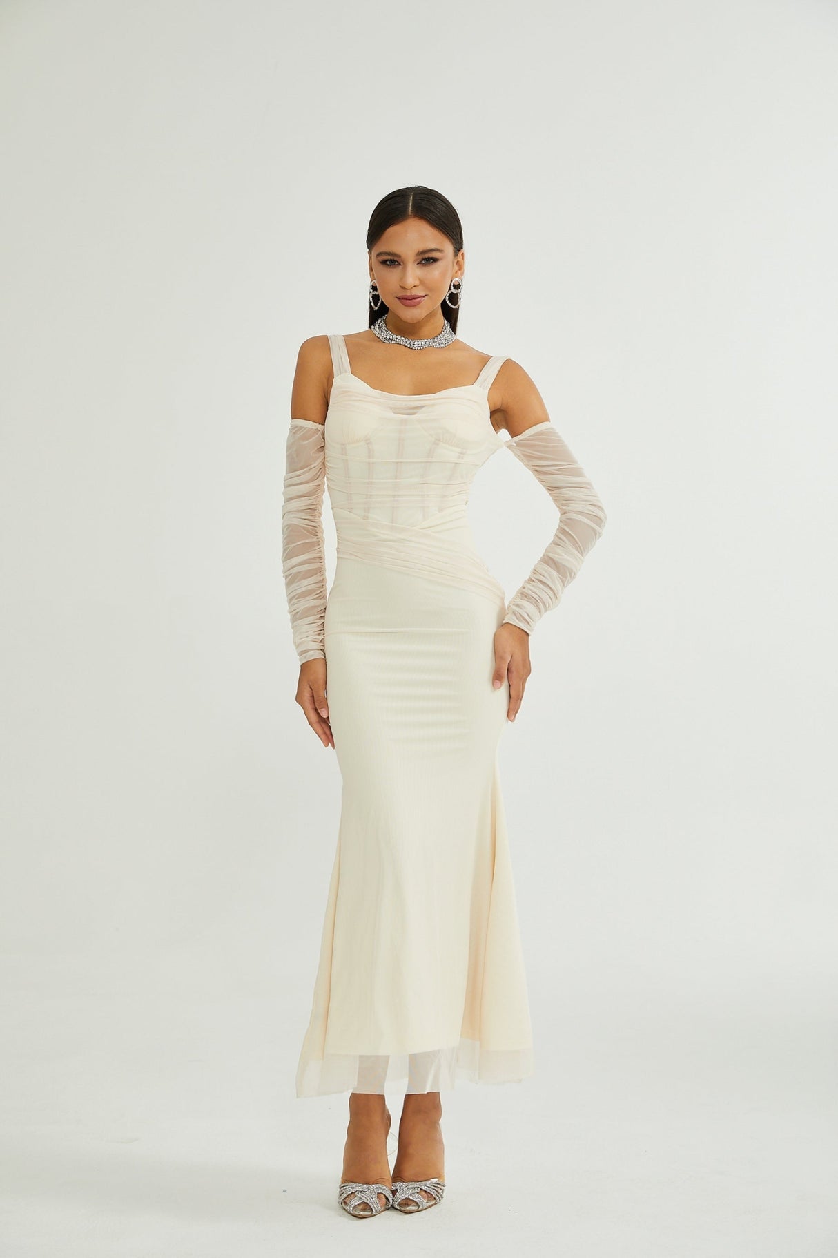 Kiara Midi Dress White Bustier Mesh Layered & Waist Tie Zip Length
