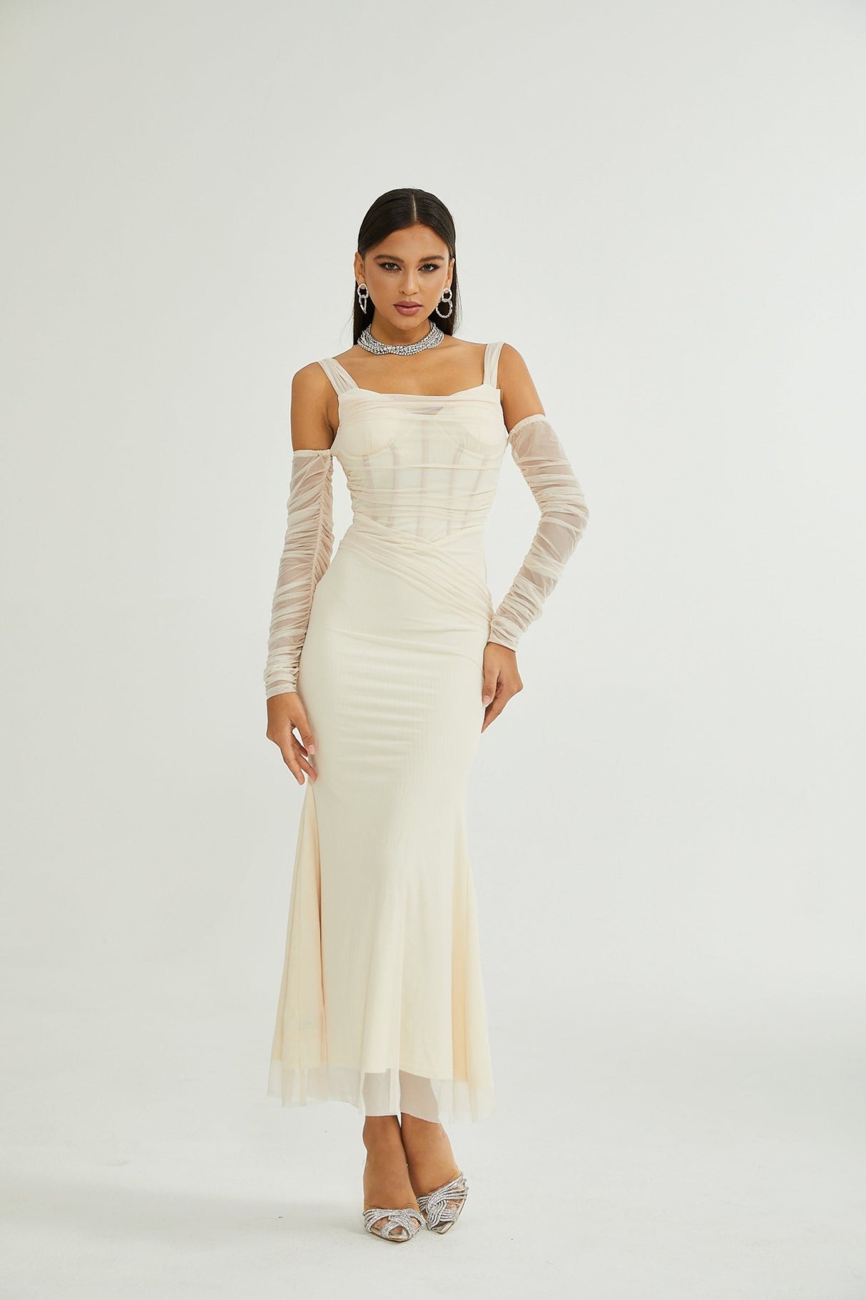 Kiara Midi Dress White Bustier Mesh Layered & Waist Tie Zip Length