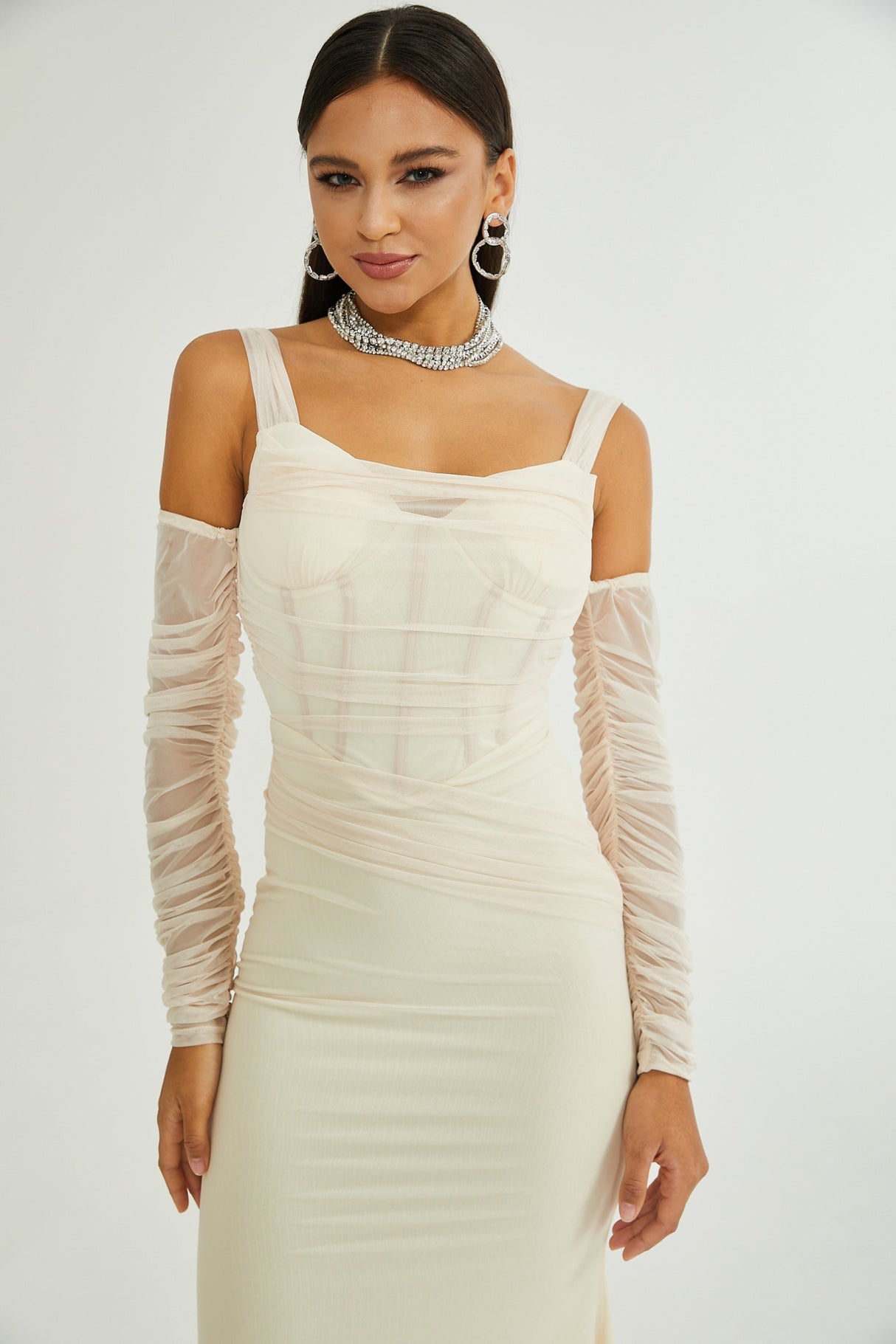 Kiara Midi Dress White Bustier Mesh Layered & Waist Tie Zip Length
