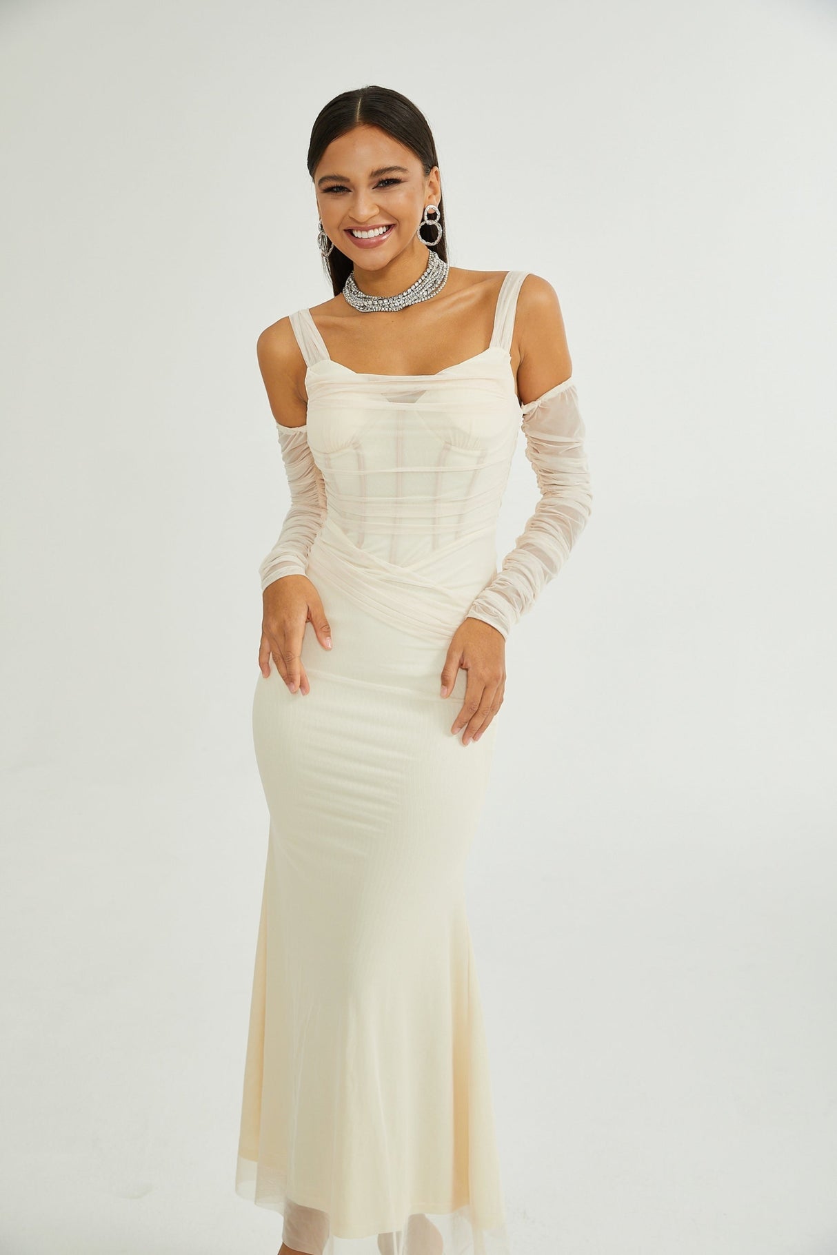 Kiara Midi Dress White Bustier Mesh Layered & Waist Tie Zip Length