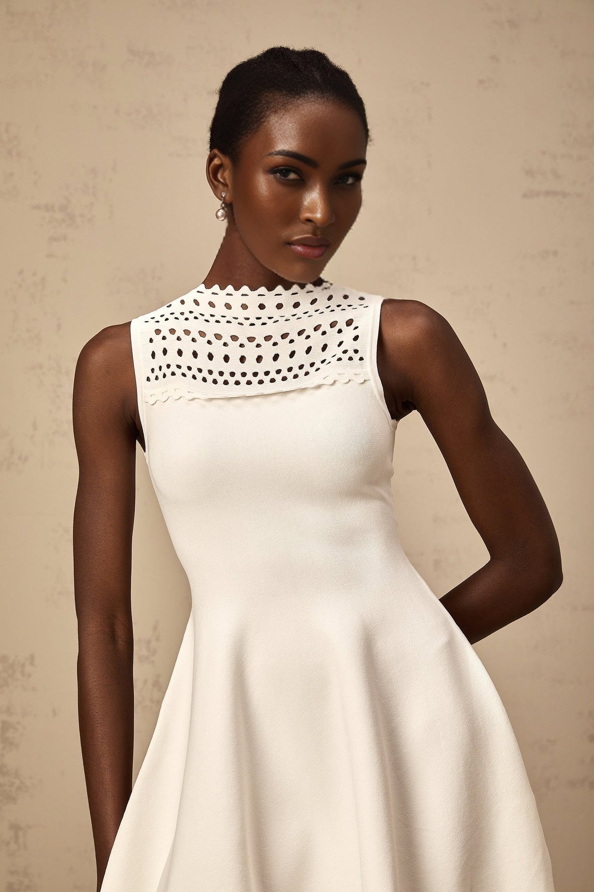 Kiara Mini Dress White Knitted Cut Out Scallop Hem Sleeveless