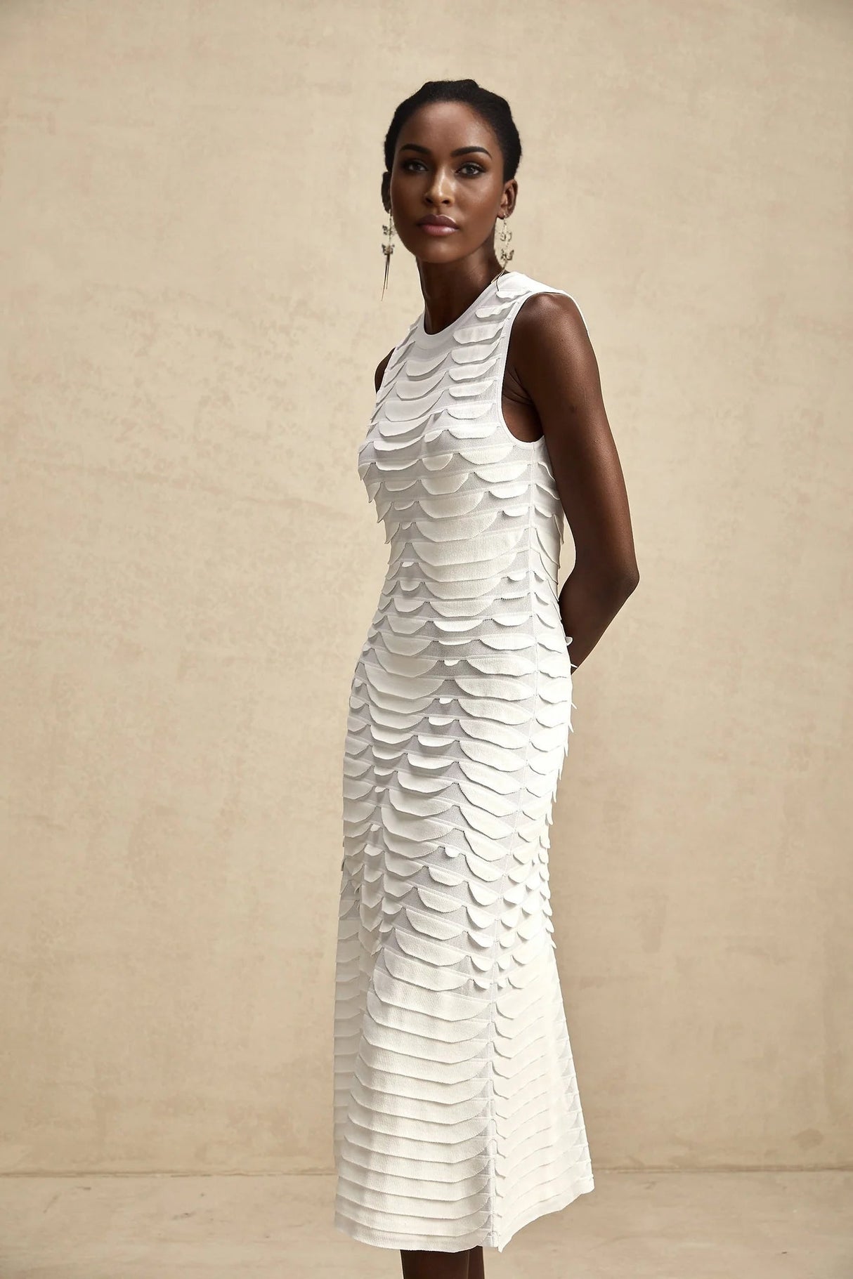 Kiera Midi Dress 3D Snake Pattern Godet Black & Flared