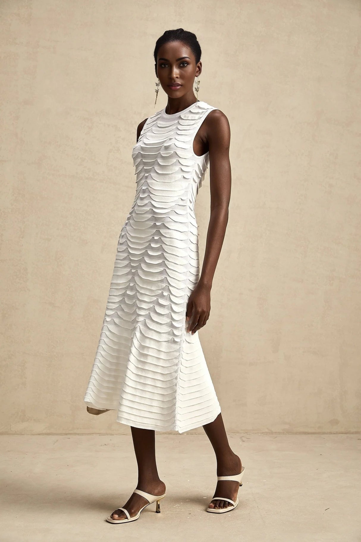 Kiera Midi Dress 3D Snake Pattern Godet Black & Flared