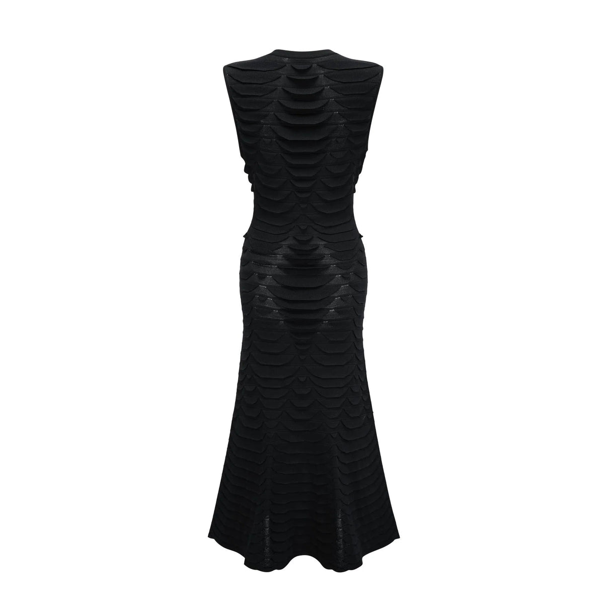 Kiera Midi Dress 3D Snake Pattern Godet Black & Flared