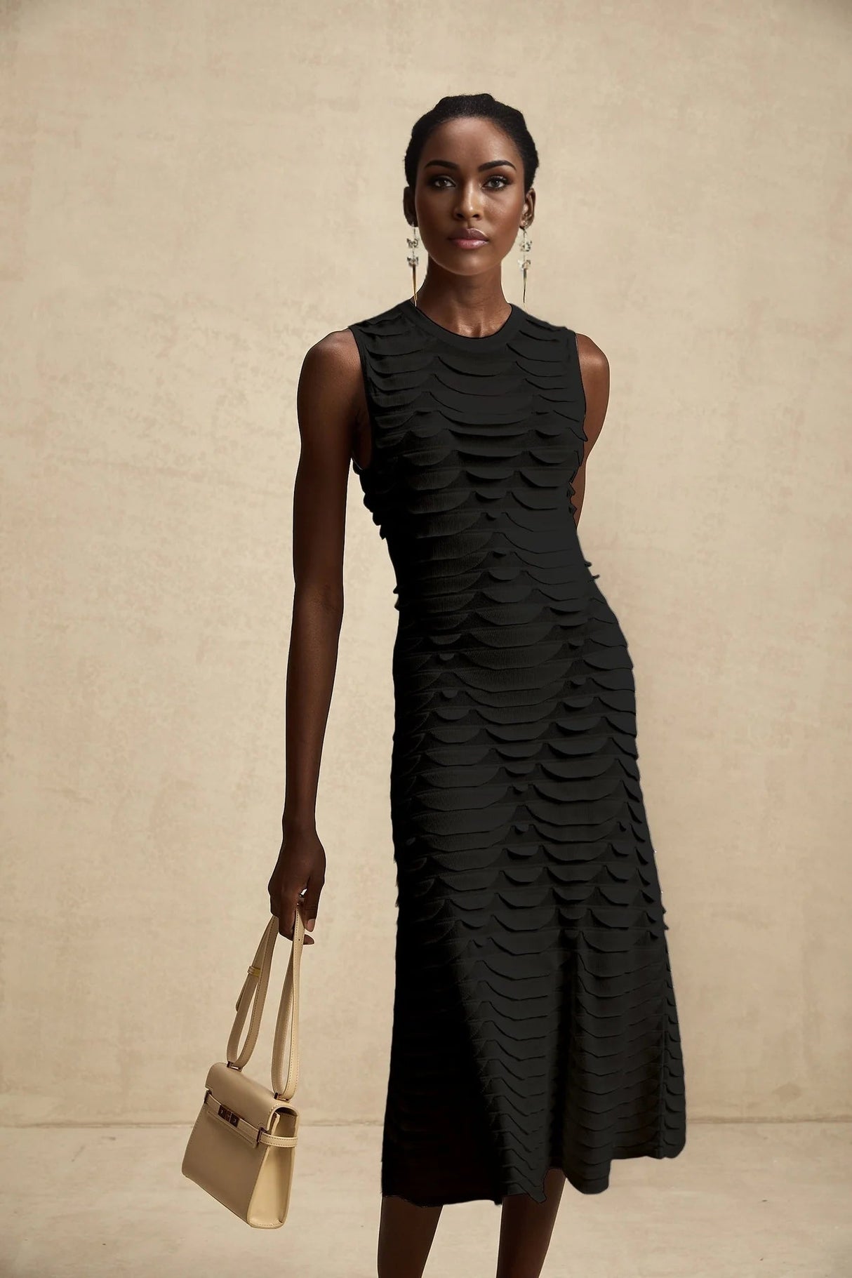 Kiera Midi Dress 3D Snake Pattern Godet Black & Flared