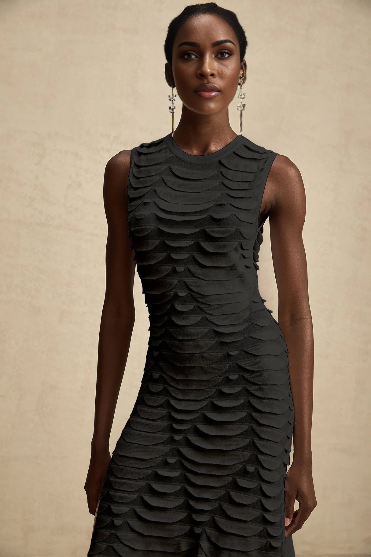 Kiera Midi Dress 3D Snake Pattern Godet Black & Flared