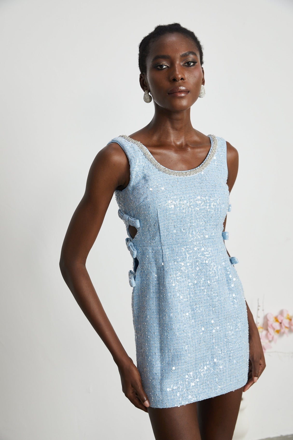 Kiera Mini Dress Blue Sequin Bow Cut Out & Crystal Embellishment