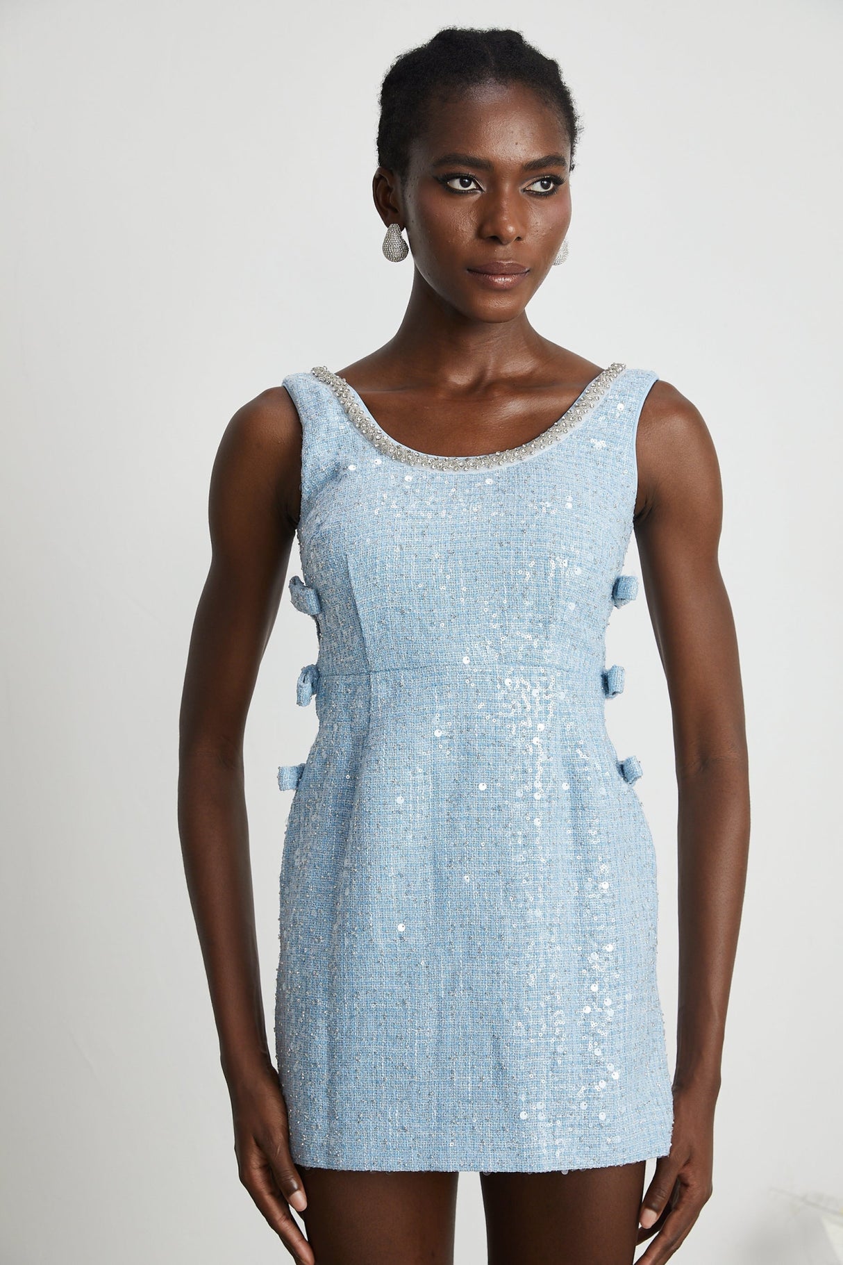 Kiera Mini Dress Blue Sequin Bow Cut Out & Crystal Embellishment