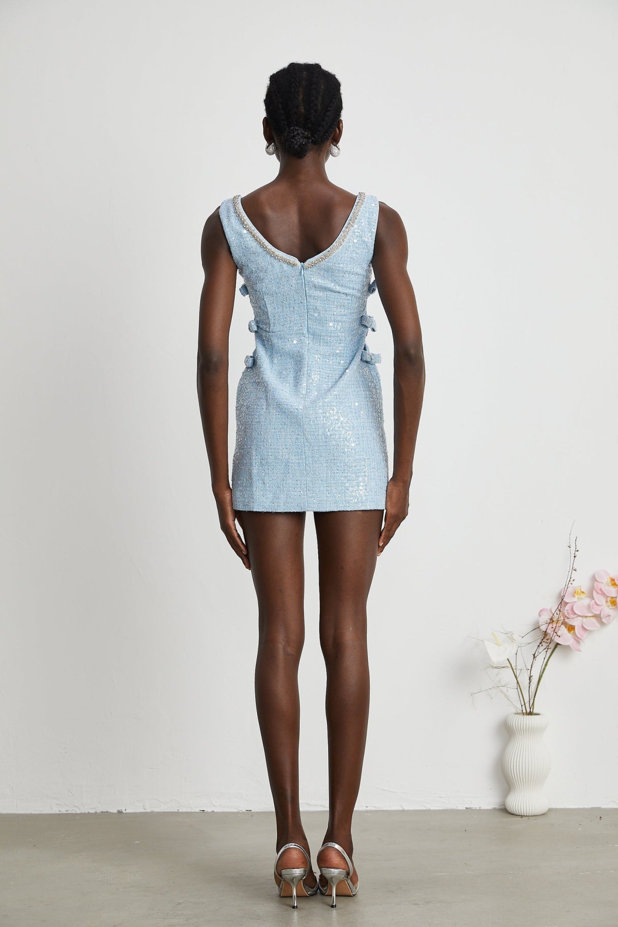 Kiera Mini Dress Blue Sequin Bow Cut Out & Crystal Embellishment