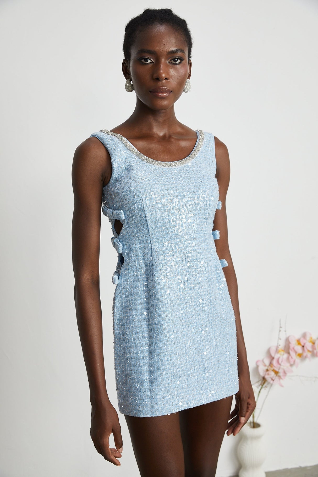 Kiera Mini Dress Blue Sequin Bow Cut Out & Crystal Embellishment