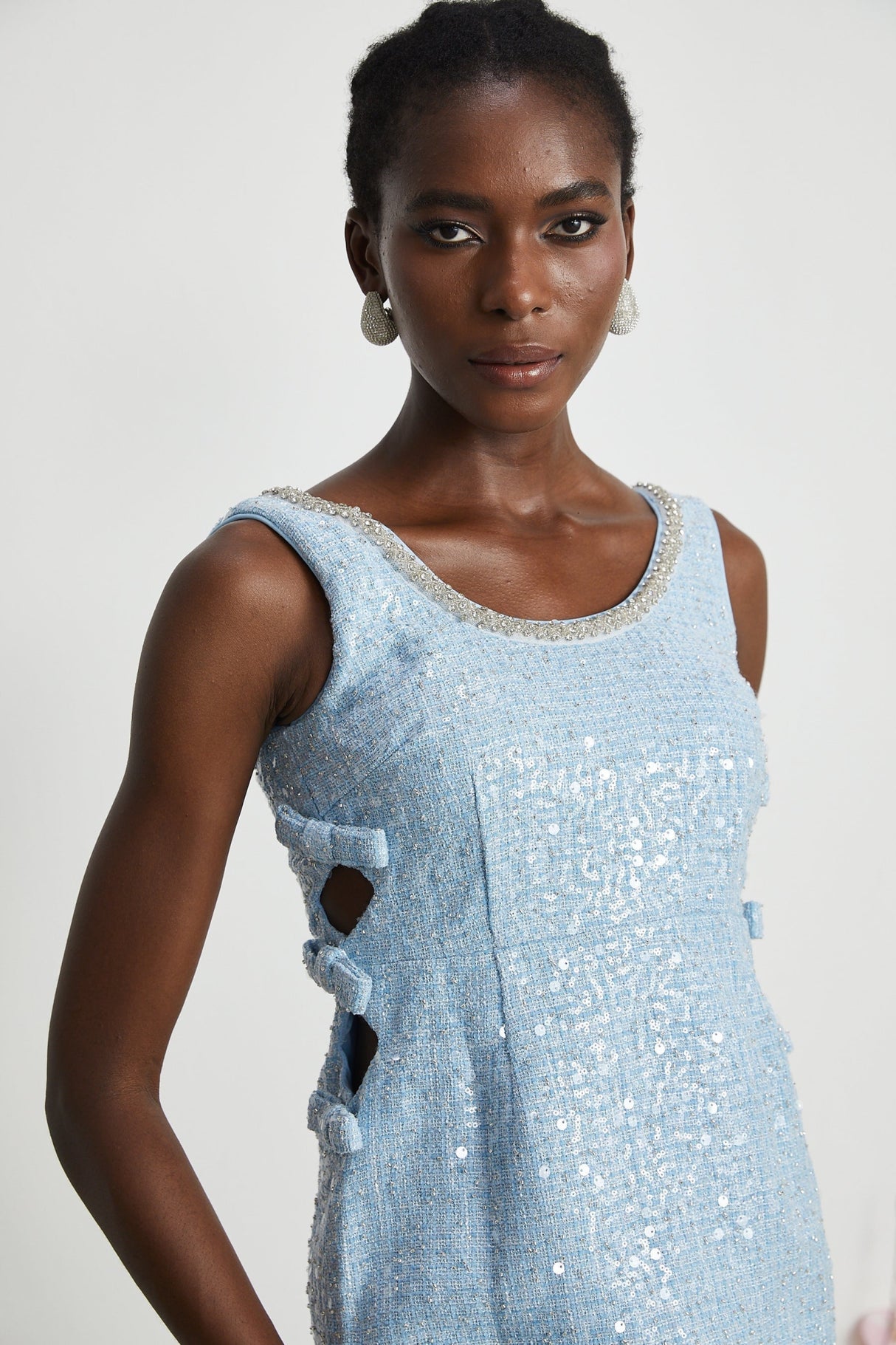 Kiera Mini Dress Blue Sequin Bow Cut Out & Crystal Embellishment