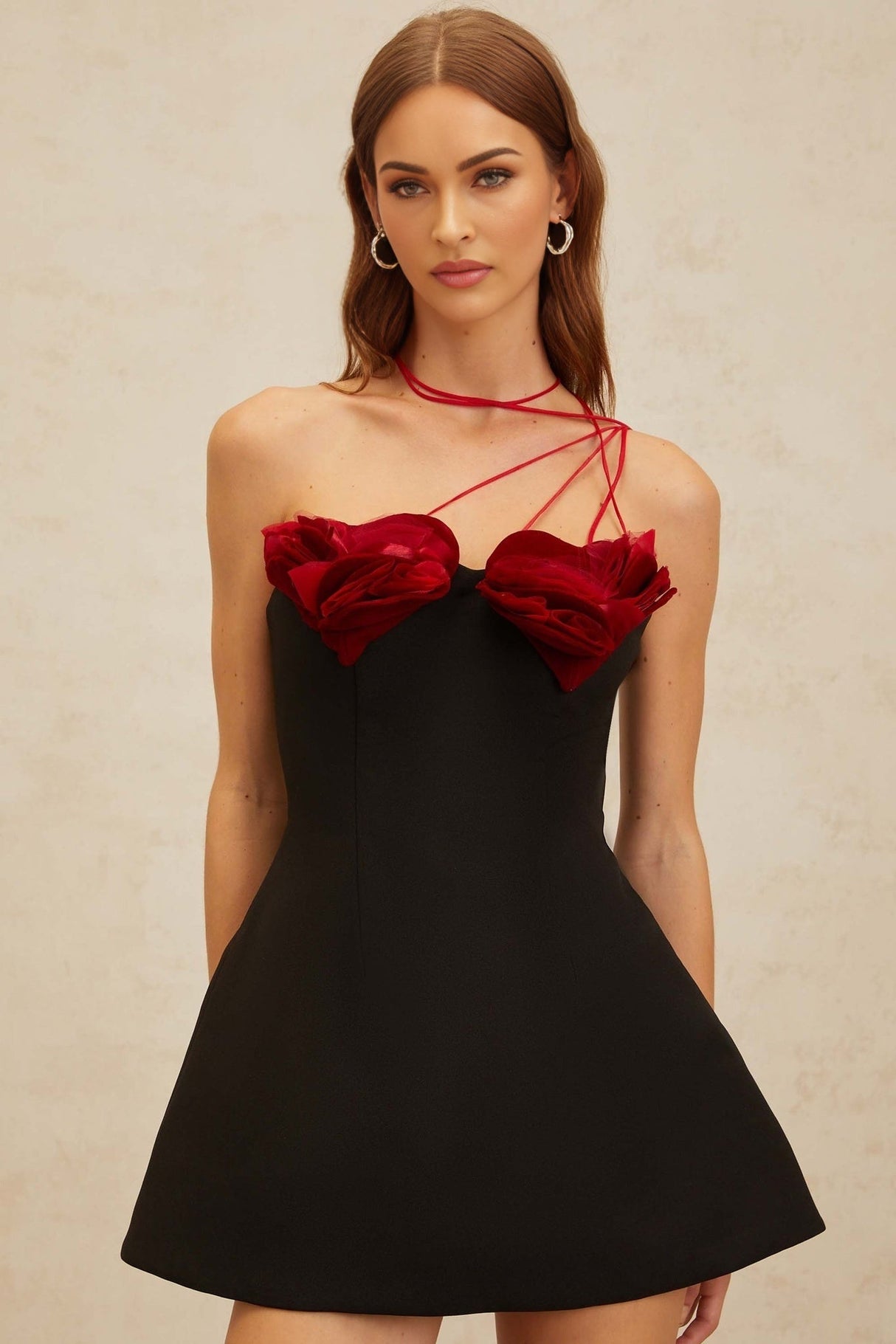 Kimberly Mini Dress - Halterneck - Sleeveless - Cinched Waist - 3D - Heart Motif - Flared Skirt