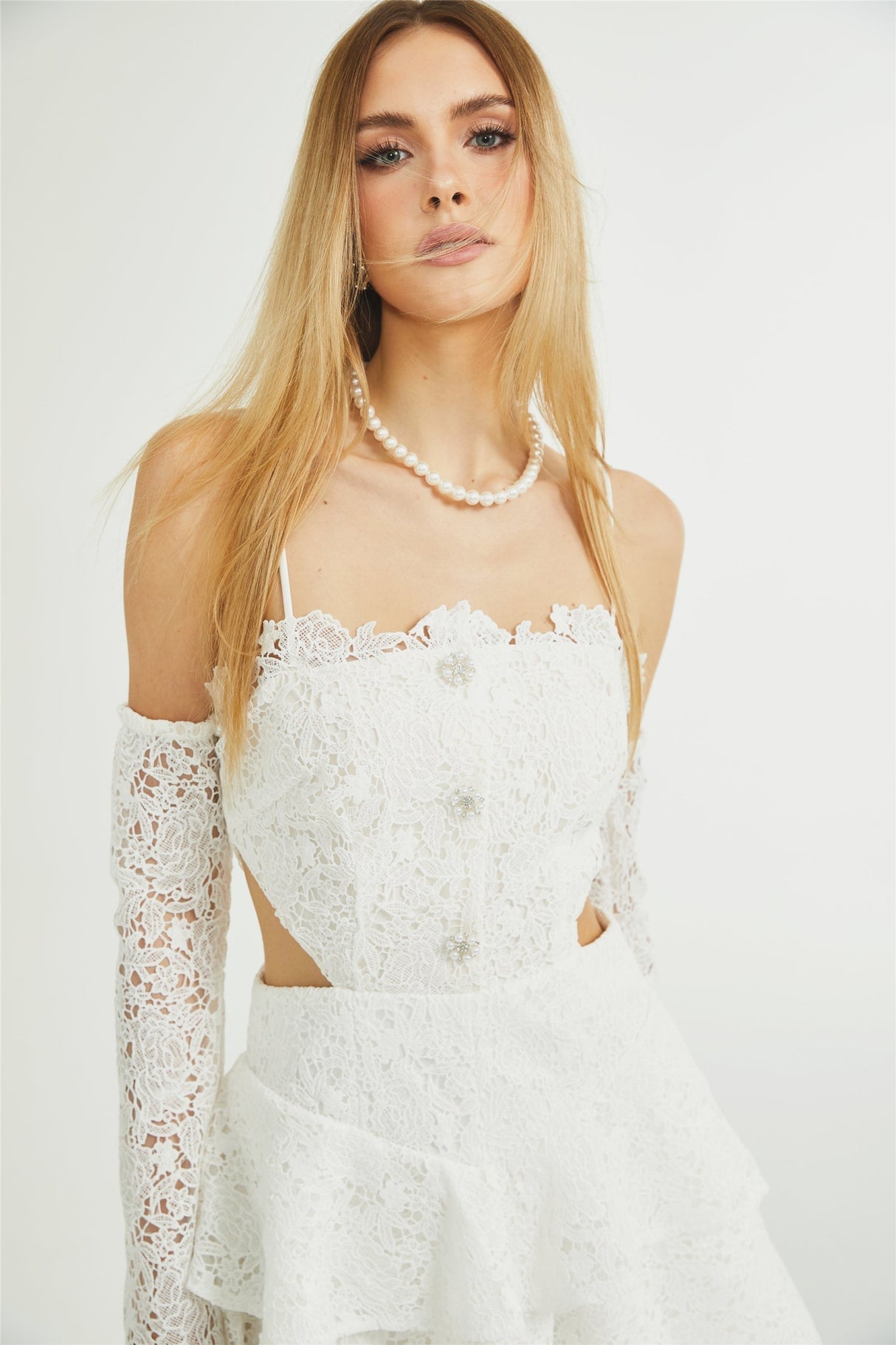Kimberly Mini Dress White Lace Cut Out Ruffle Hem