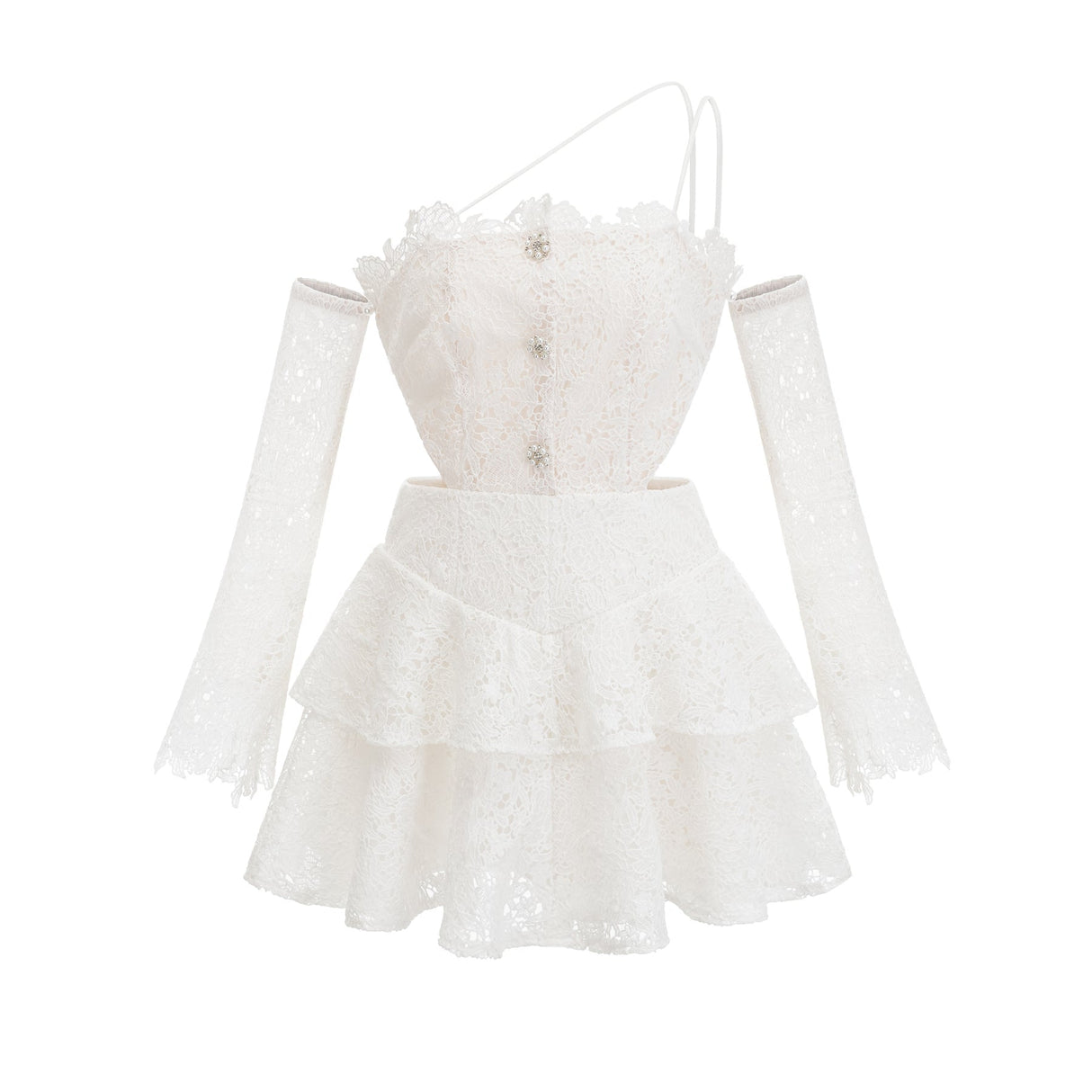 Kimberly Mini Dress White Lace Cut Out Ruffle Hem