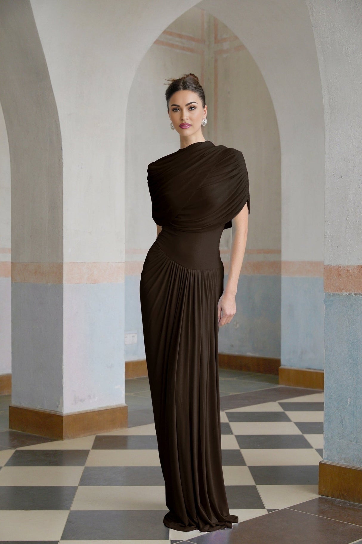 Kimberly Rich Brown Maxi Dress with Asymmetric Pleats and Draped Details