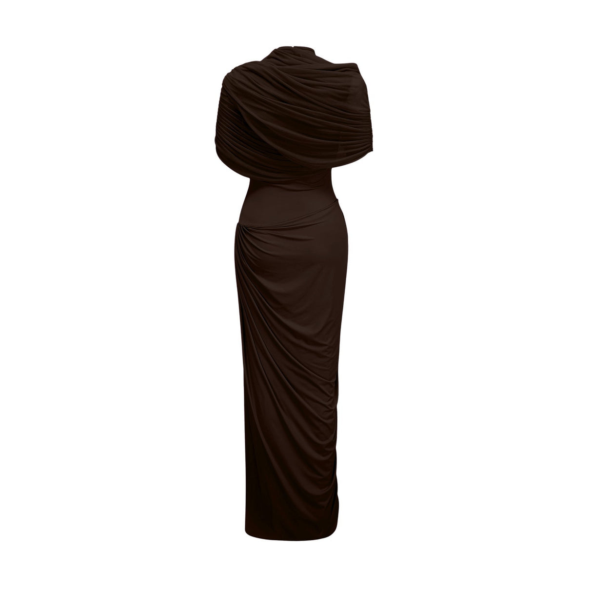 Kimberly Rich Brown Maxi Dress with Asymmetric Pleats and Draped Details