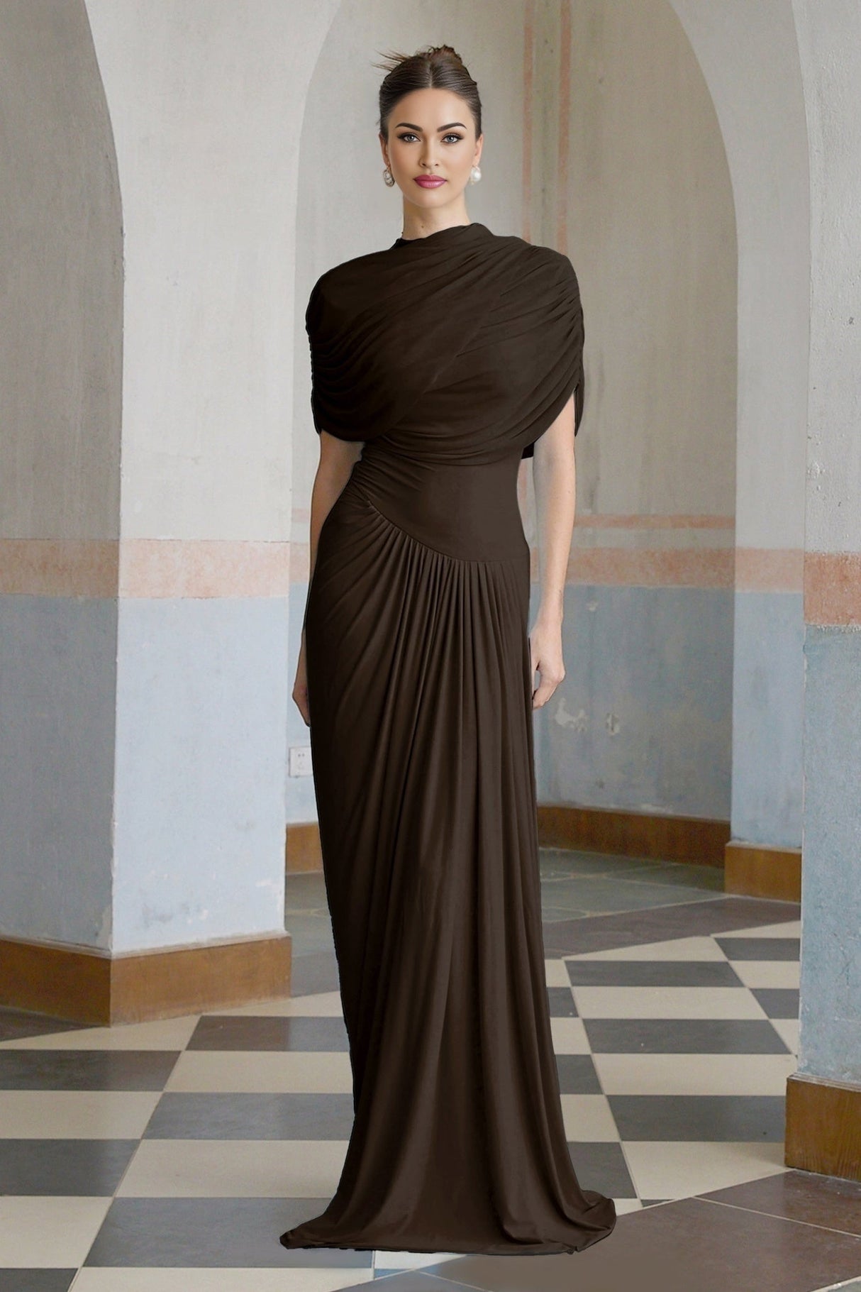 Kimberly Rich Brown Maxi Dress with Asymmetric Pleats and Draped Details