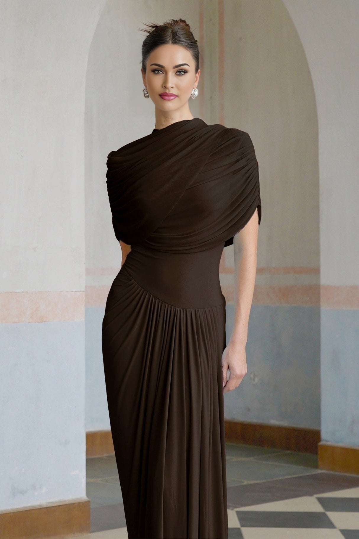 Kimberly Rich Brown Maxi Dress with Asymmetric Pleats and Draped Details