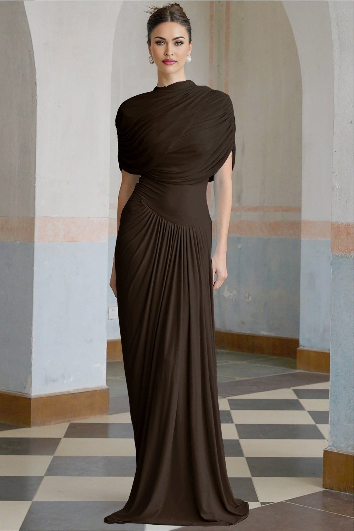 Kimberly Rich Brown Maxi Dress with Asymmetric Pleats and Draped Details