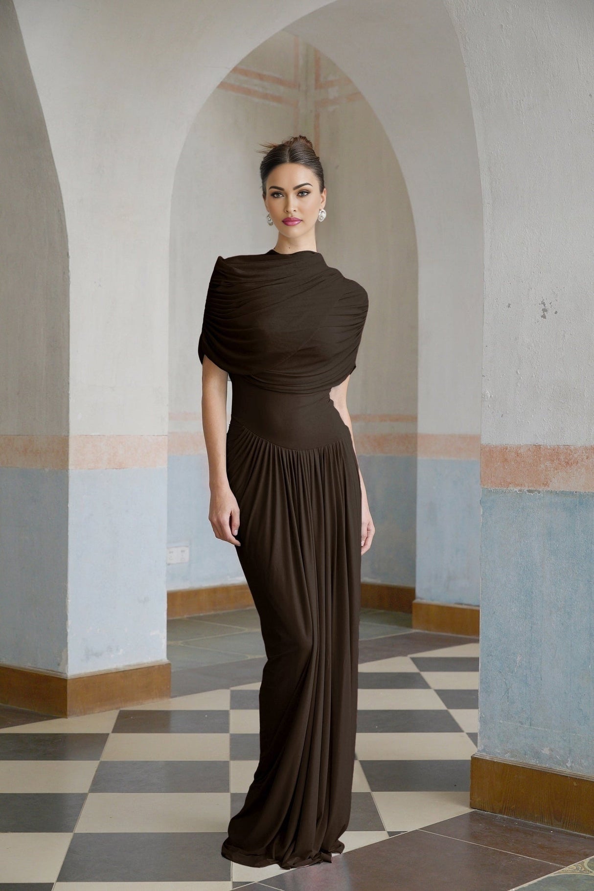 Kimberly Rich Brown Maxi Dress with Asymmetric Pleats and Draped Details