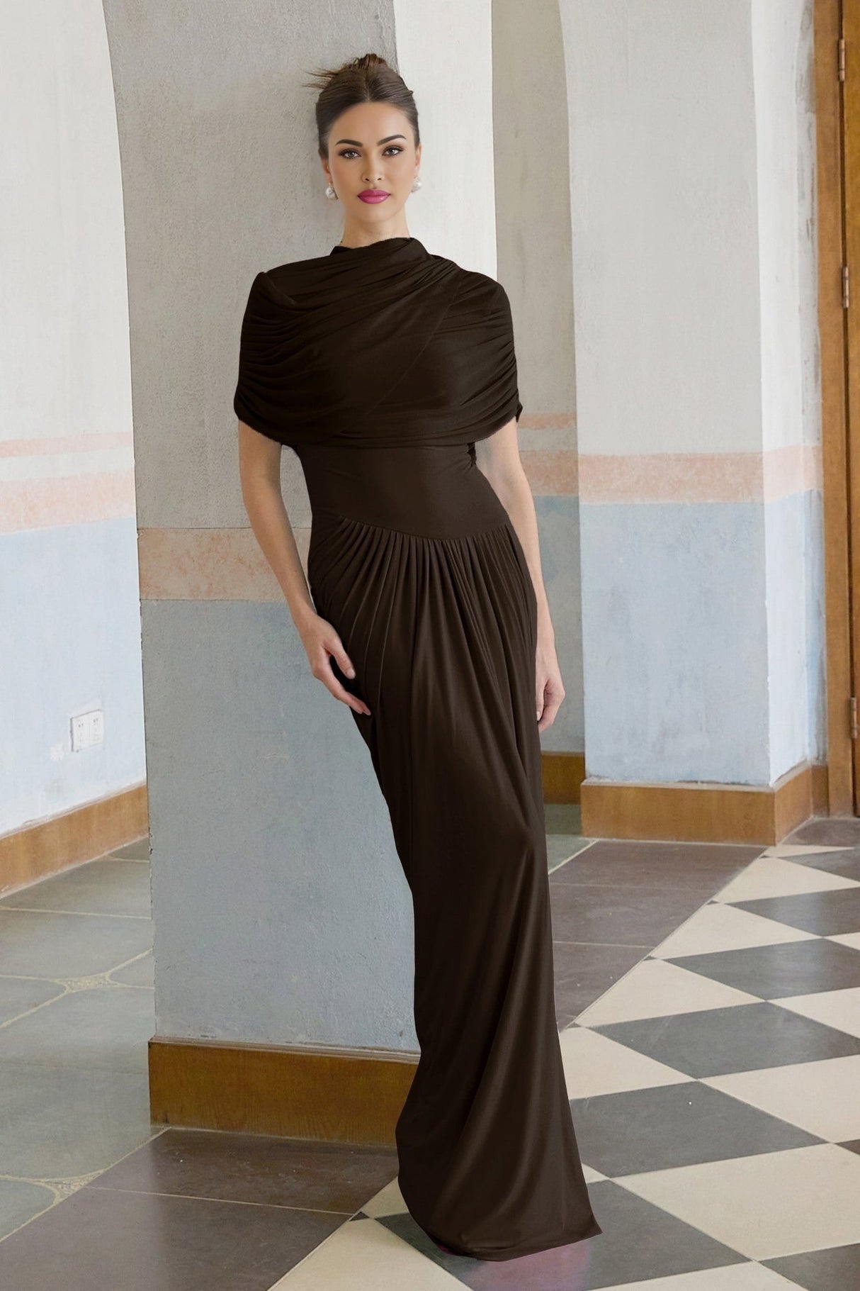 Kimberly Rich Brown Maxi Dress with Asymmetric Pleats and Draped Details