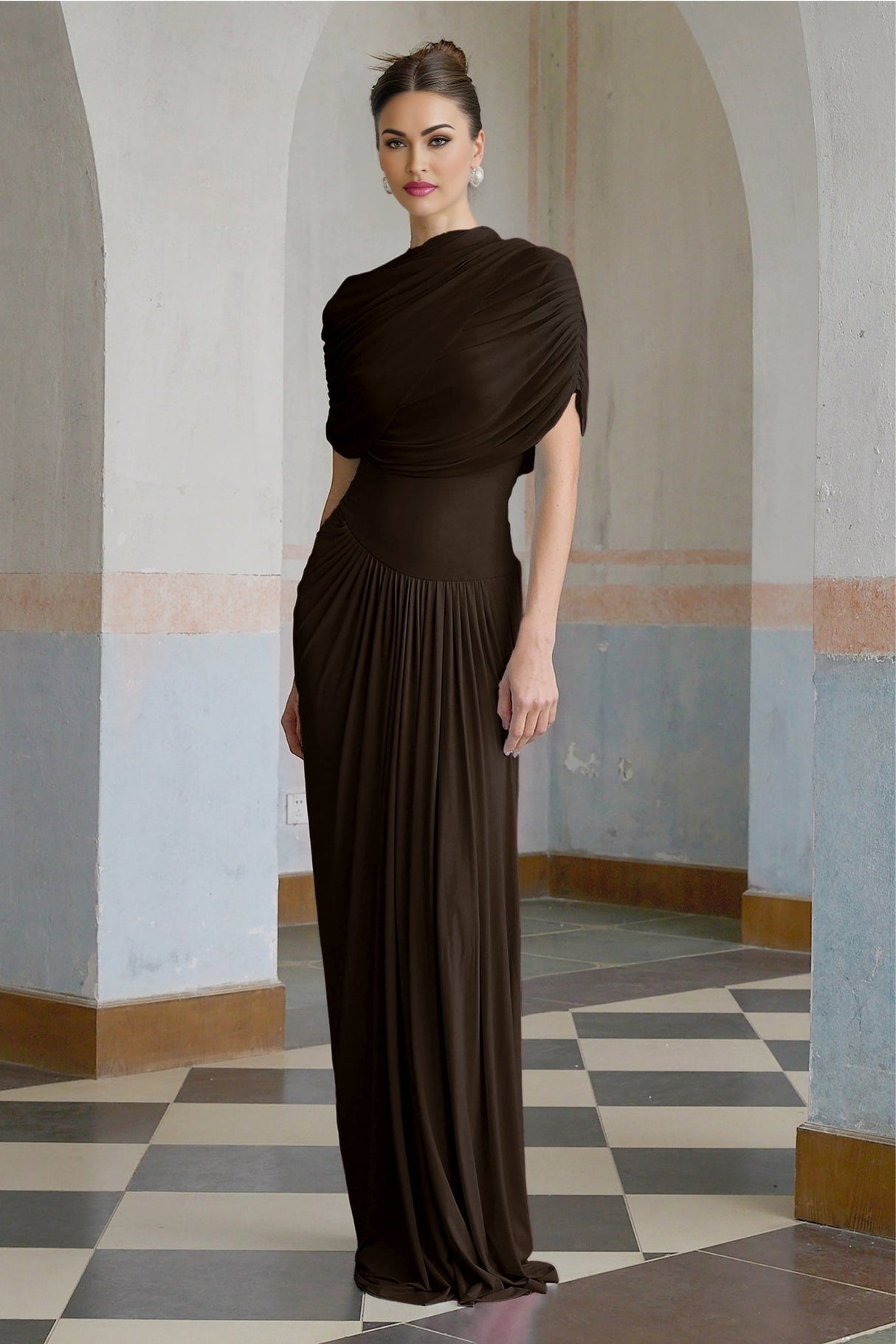 Kimberly Rich Brown Maxi Dress with Asymmetric Pleats and Draped Details