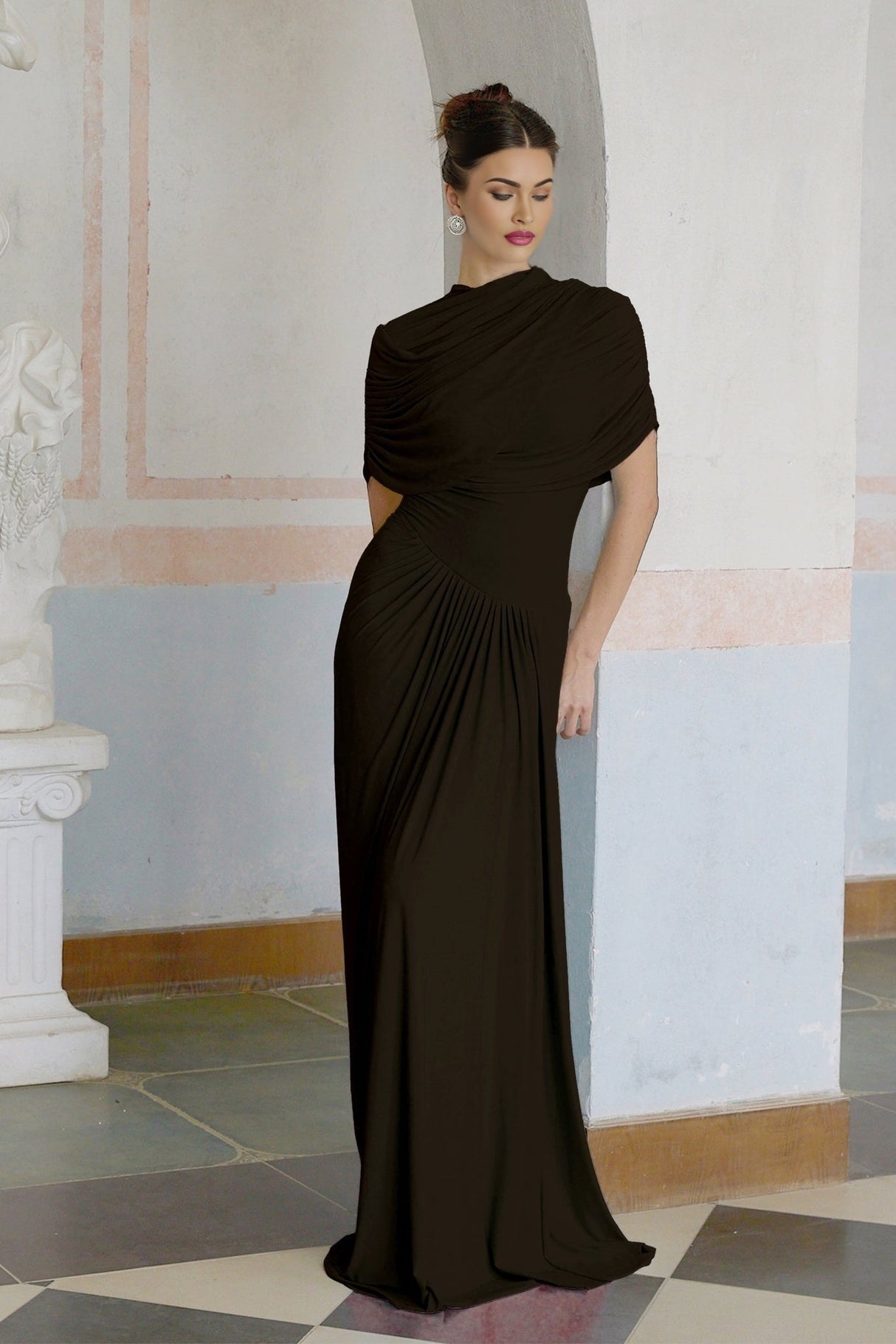 Kimberly Rich Brown Maxi Dress with Asymmetric Pleats and Draped Details