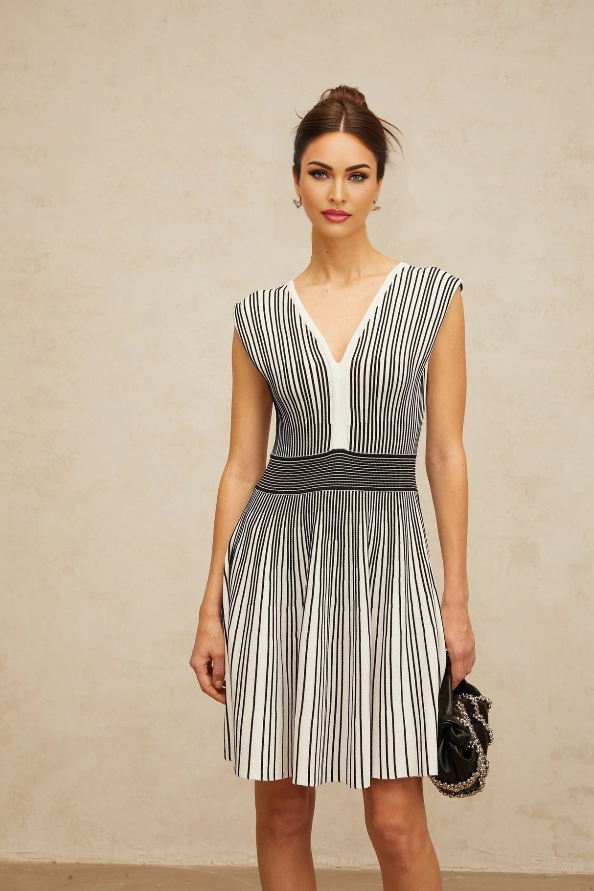 Kimora Mini Dress Black & White Vertical Stripe Knit Chichoria