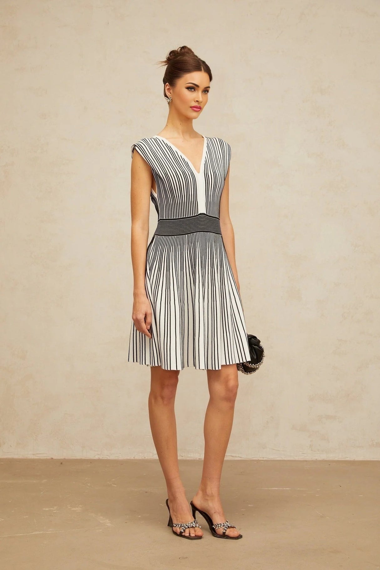 Kimora Mini Dress Black & White Vertical Stripe Knit Chichoria