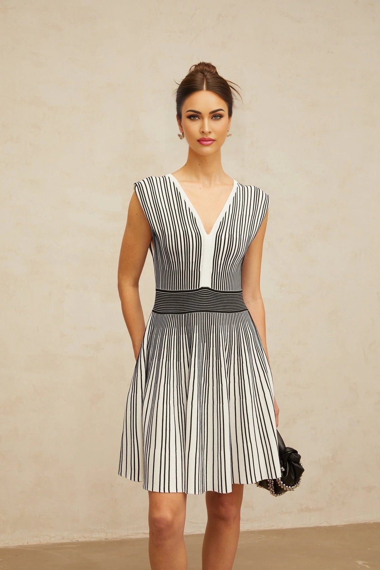 Kimora Mini Dress Black & White Vertical Stripe Knit Chichoria