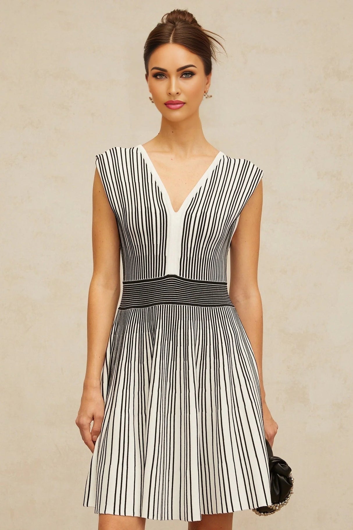 Kimora Mini Dress Black & White Vertical Stripe Knit Chichoria