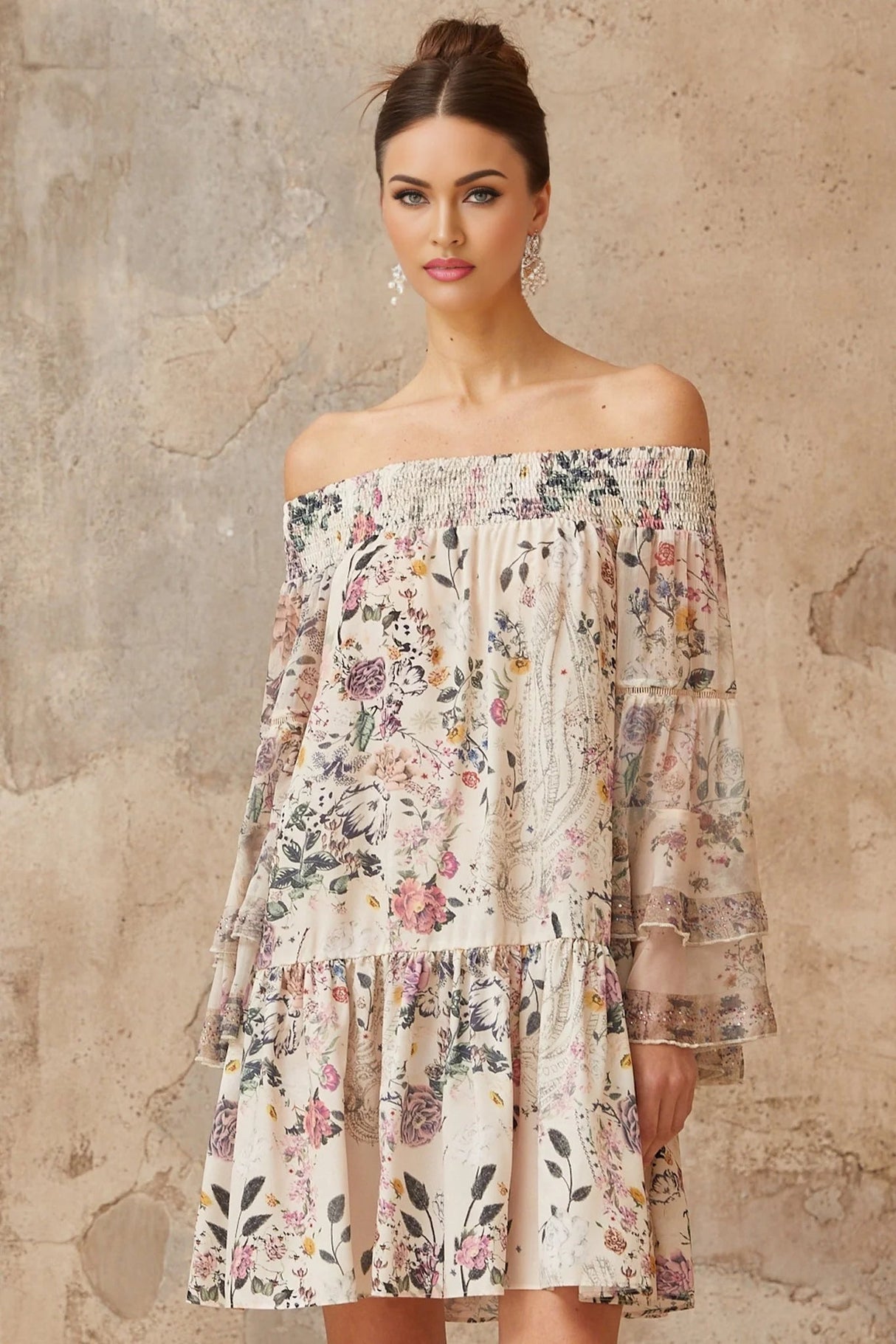 Kimora Mini Dress White & Multicolor Floral Smocked Rhinestone Embellished