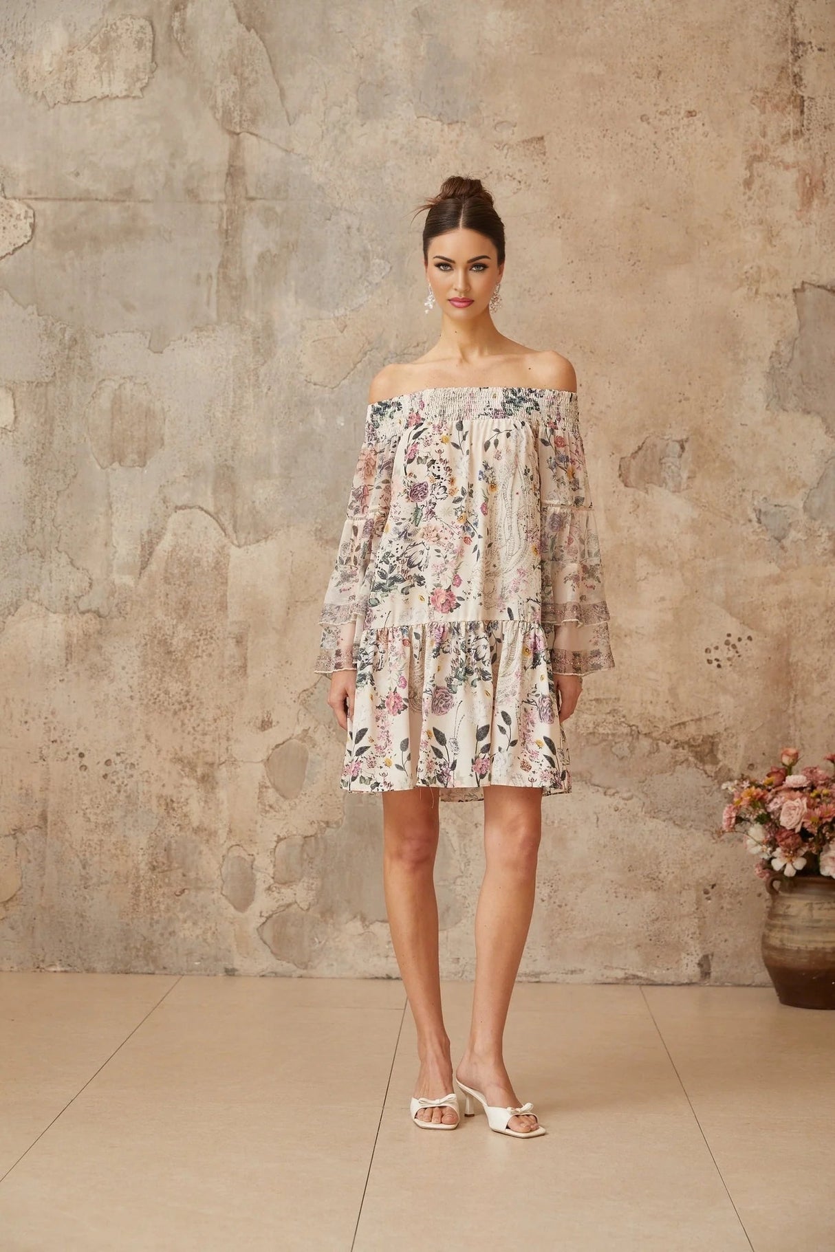 Kimora Mini Dress White & Multicolor Floral Smocked Rhinestone Embellished