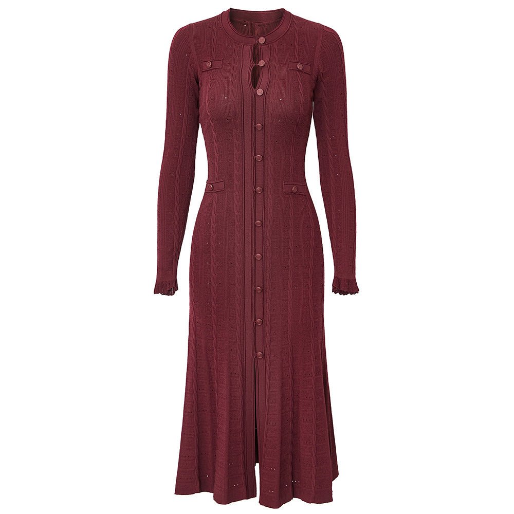 Knit Dress – Cable Knit Texture – Button - Down Front – Tailored Silhouette