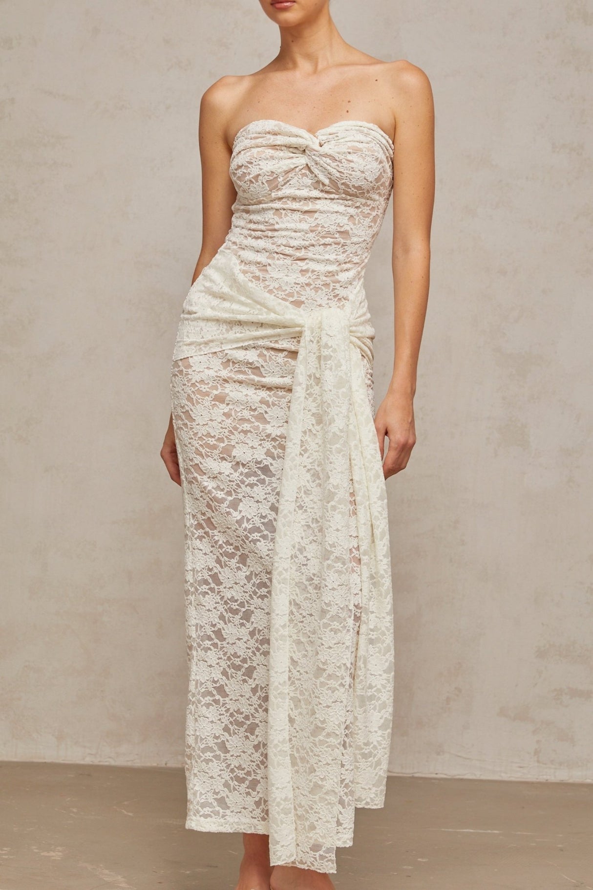 Kylie Midi Dress White Lace Draped & Ruched Strapless
